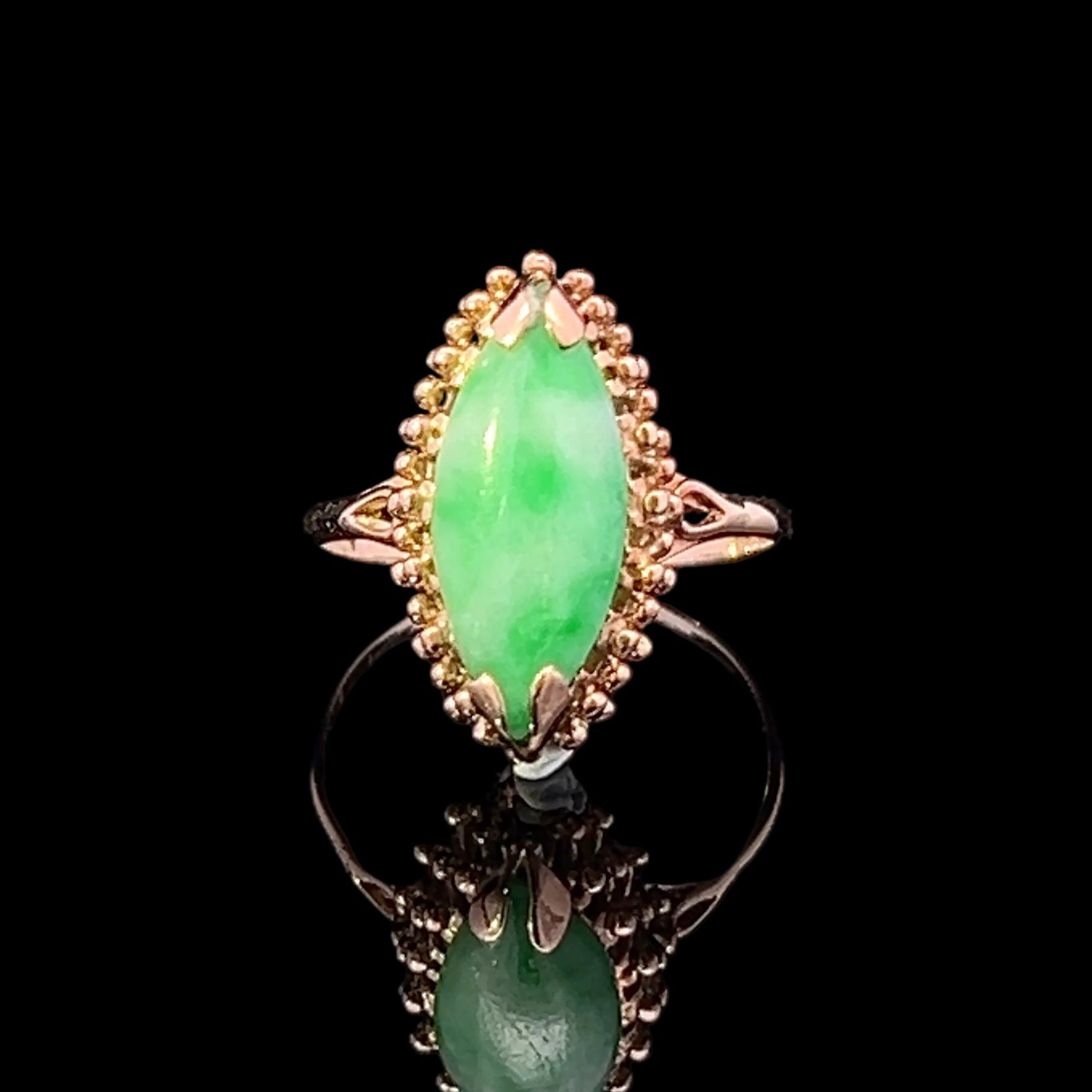 Yellow 14 Karat Antique Jade Fashion Ring with Openwork Base