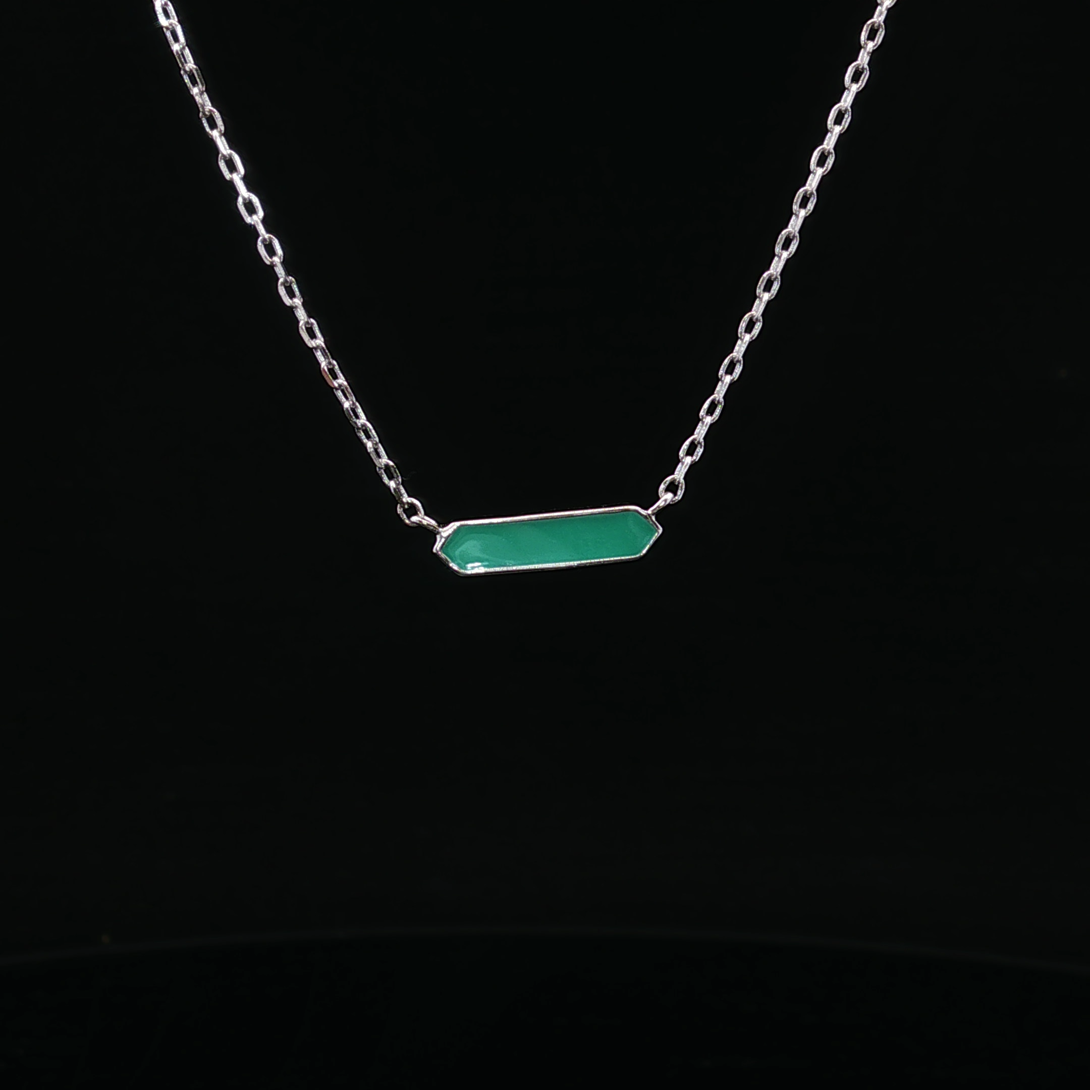 White Silver Tex Free Form Teal Enamel Bar Necklace