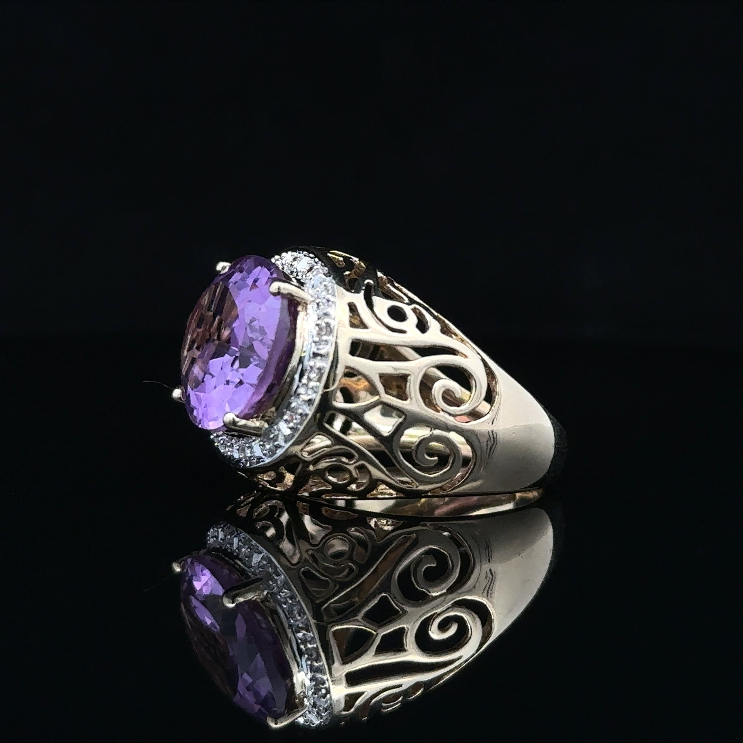 Jaycee Two-Tone 14K Filigree Vintage Ring with Amethyst and Diamonds