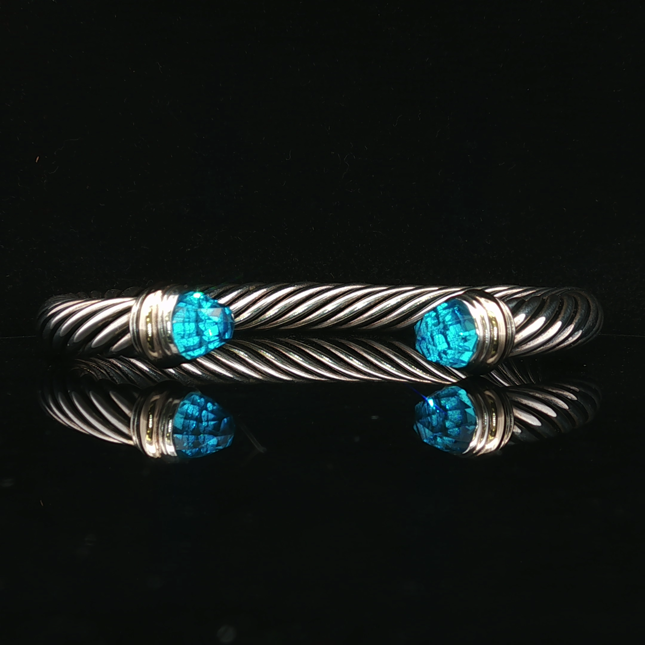 Sterling Silver & 14K Yellow Gold David Yurman Cuff with Blue Topaz