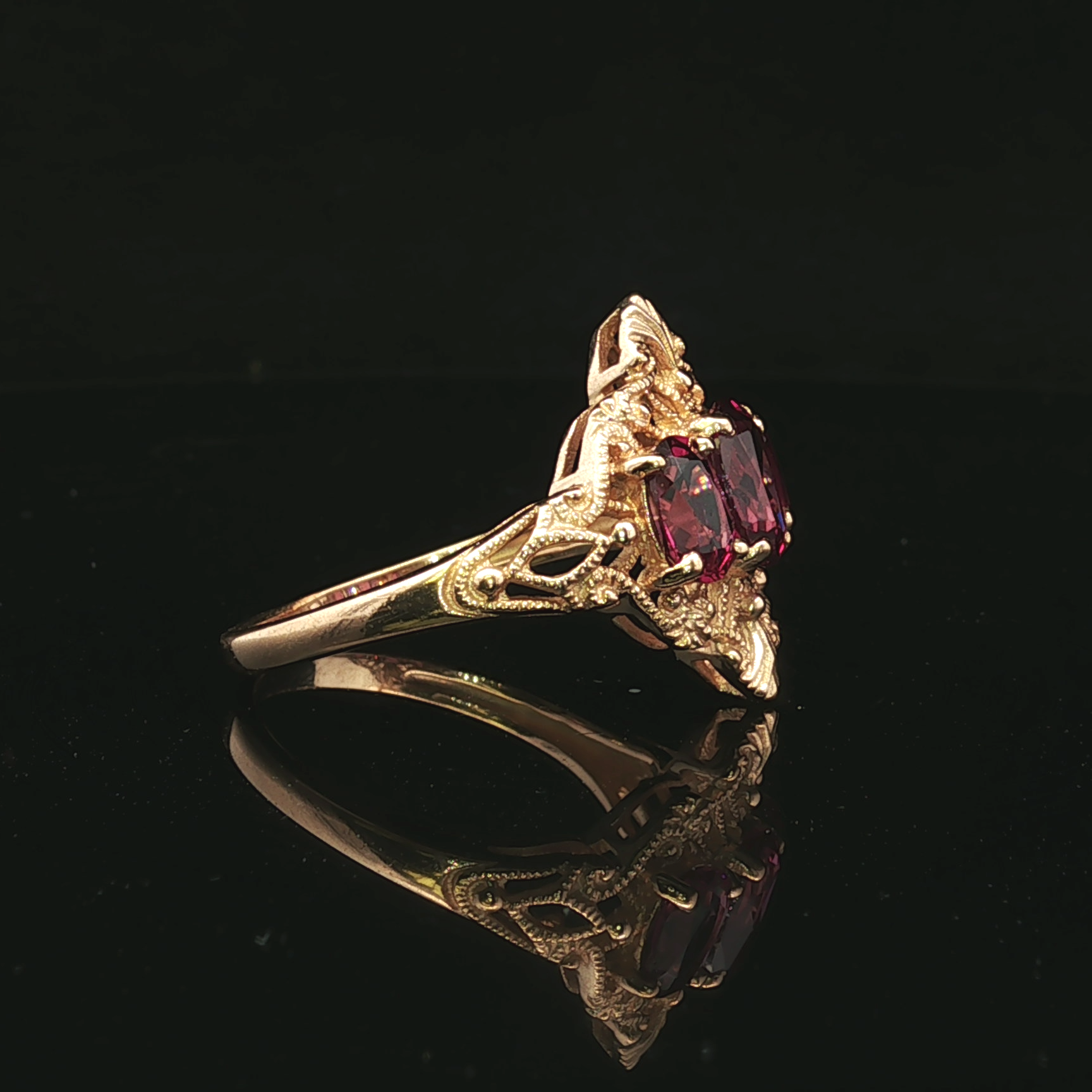 Yellow 10K Filigree 3-Stone Pink Sapphire Ring Size 8