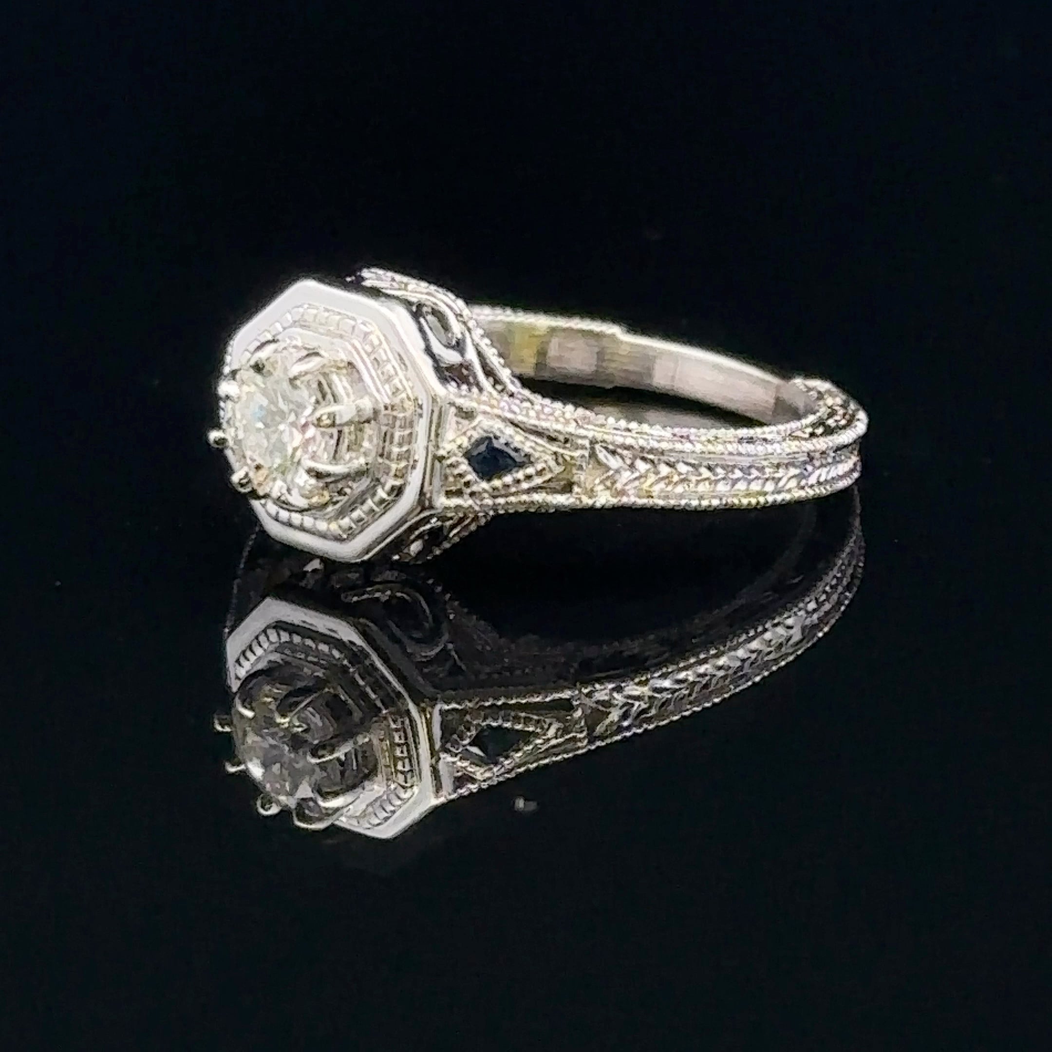 Estrella 14KW Sapphire & Diamond Vintage Style Engagement Ring