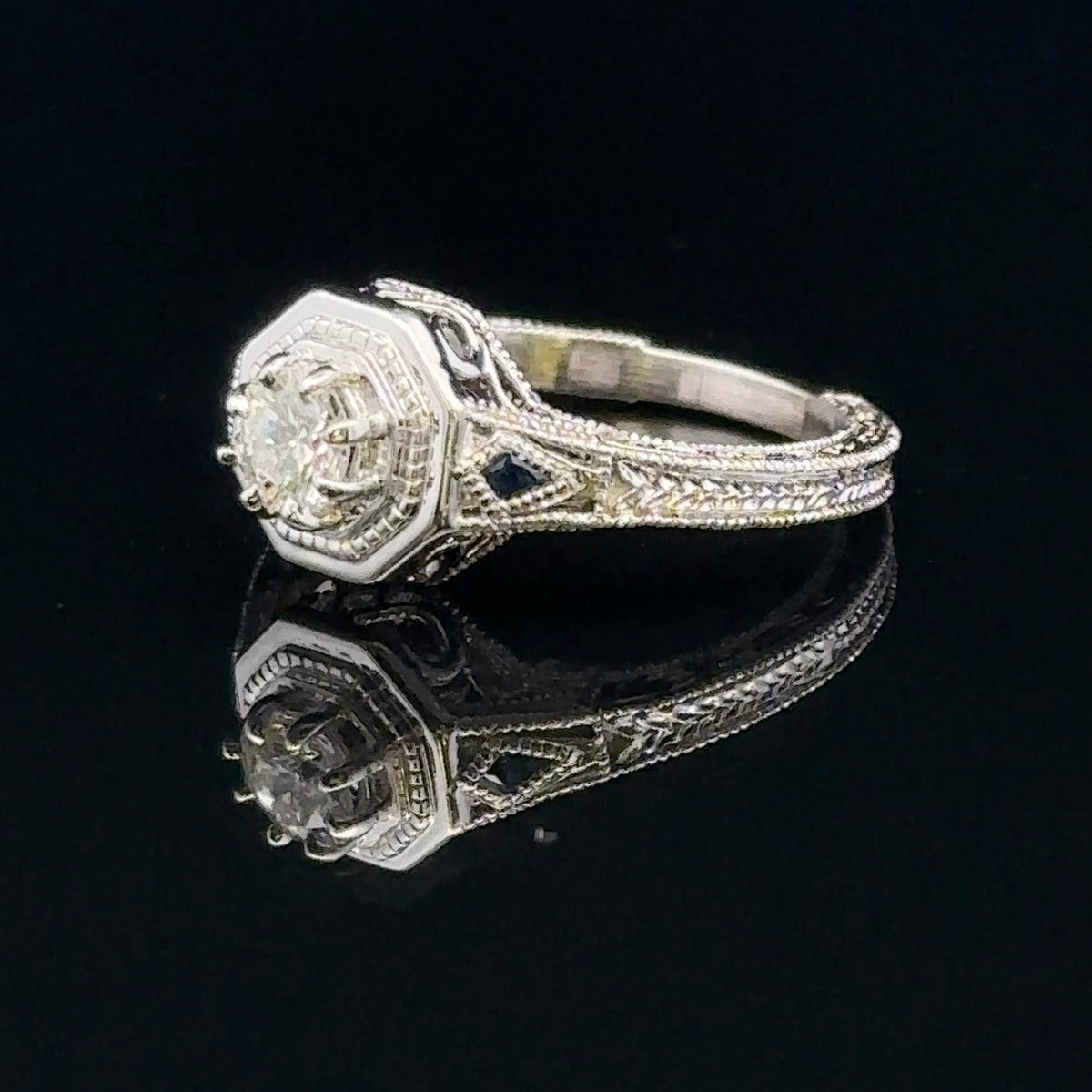 Estrella 14KW Sapphire & Diamond Vintage Style Engagement Ring