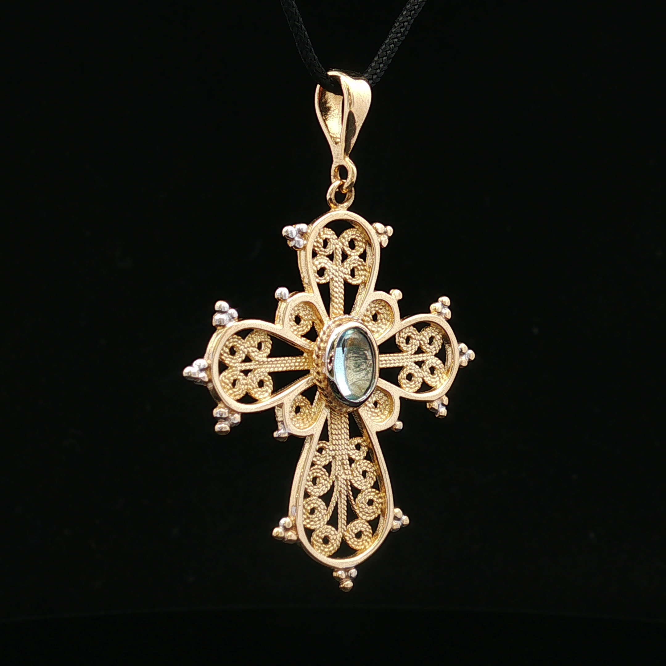 Indiraa 14K Two Tone Oval Cabochon Aquamarine Filigree Cross Pendant