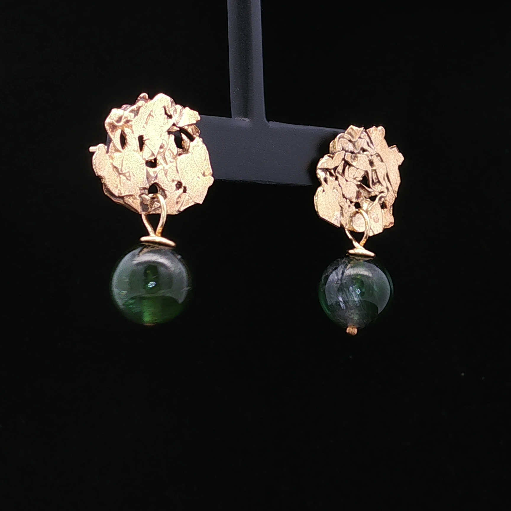 22K Yellow Gold Drop Earrings with Green Tourmaline Beads