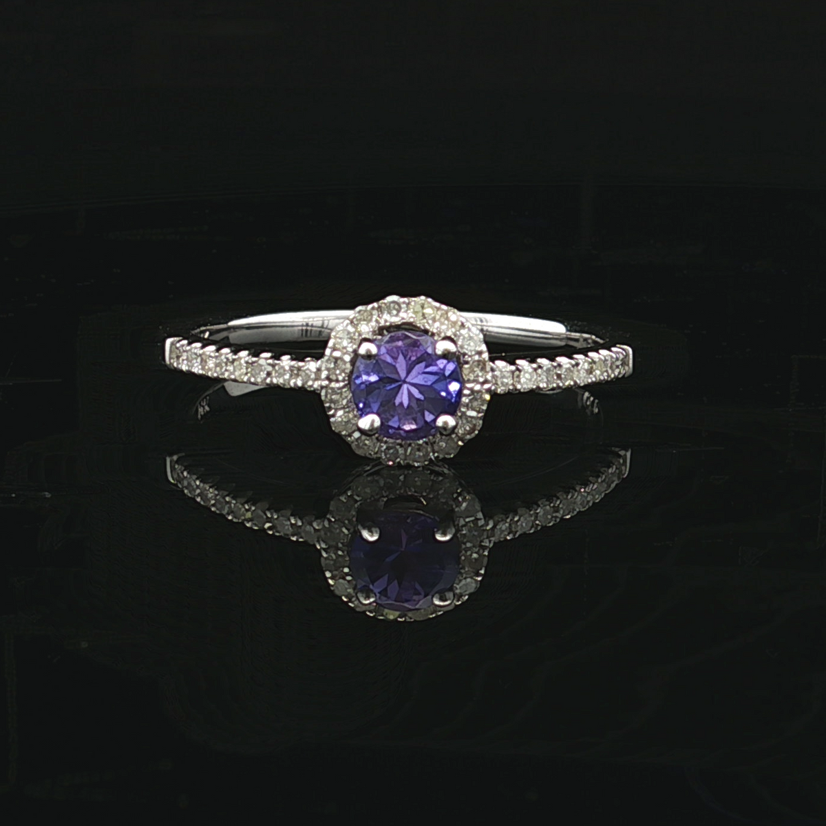 Priscilla 14K White Gold Tanzanite Ring with Halo and Side Diamonds