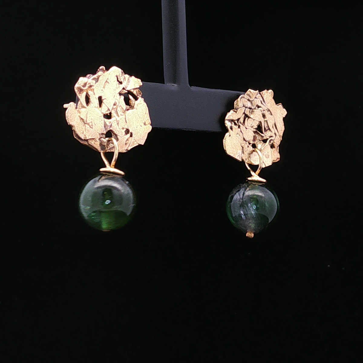 22K Yellow Gold Drop Earrings with Green Tourmaline Beads