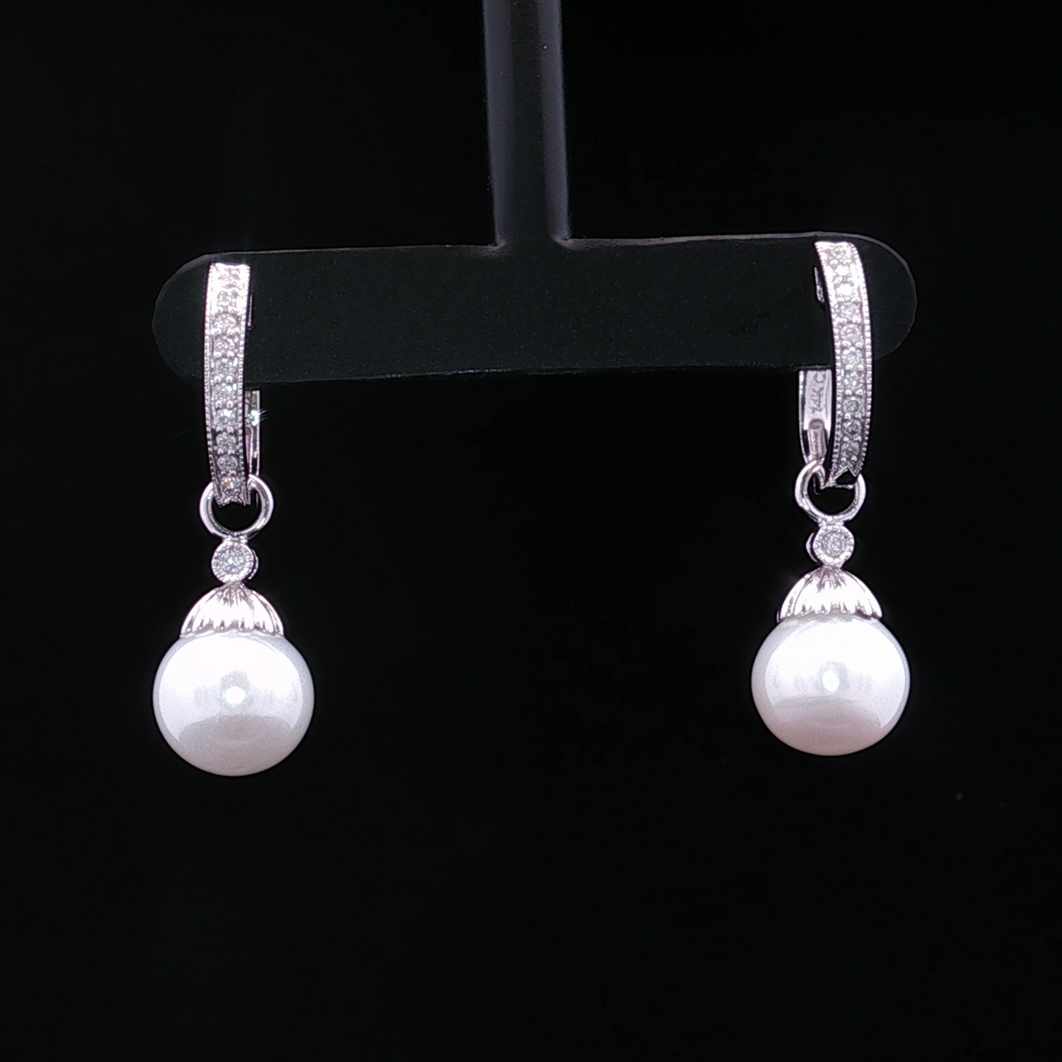 14K White Gold Dangle Earrings with 9mm Pearls and Diamonds