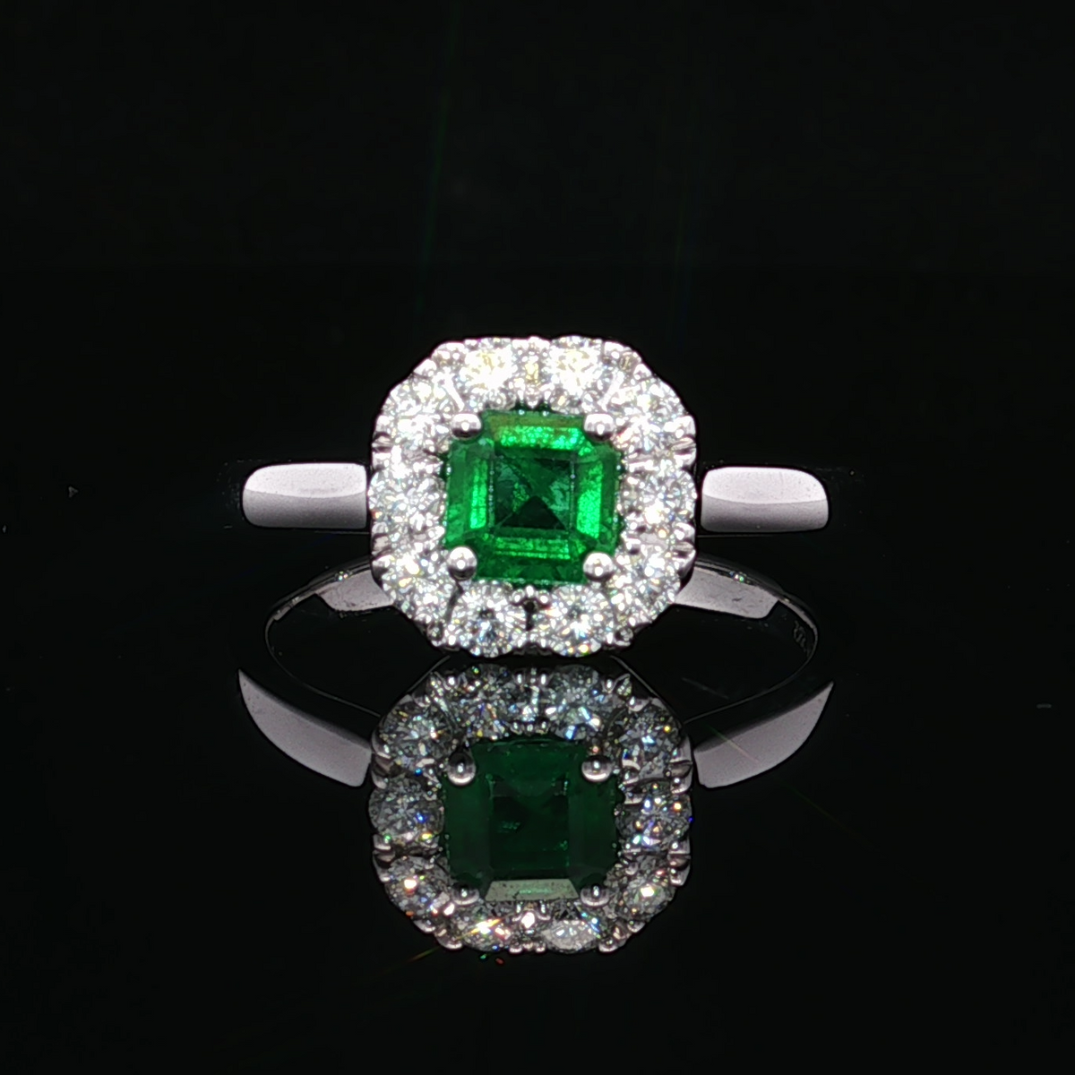 14K White Gold Lennon Ring with Emerald and Diamond Halo