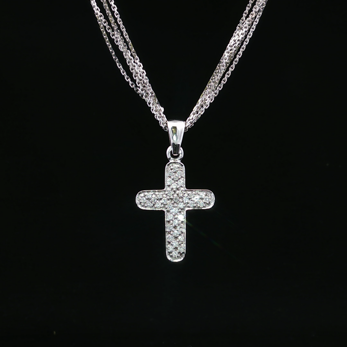 14K White Gold Triple Curb Chain Cross Necklace with Diamonds