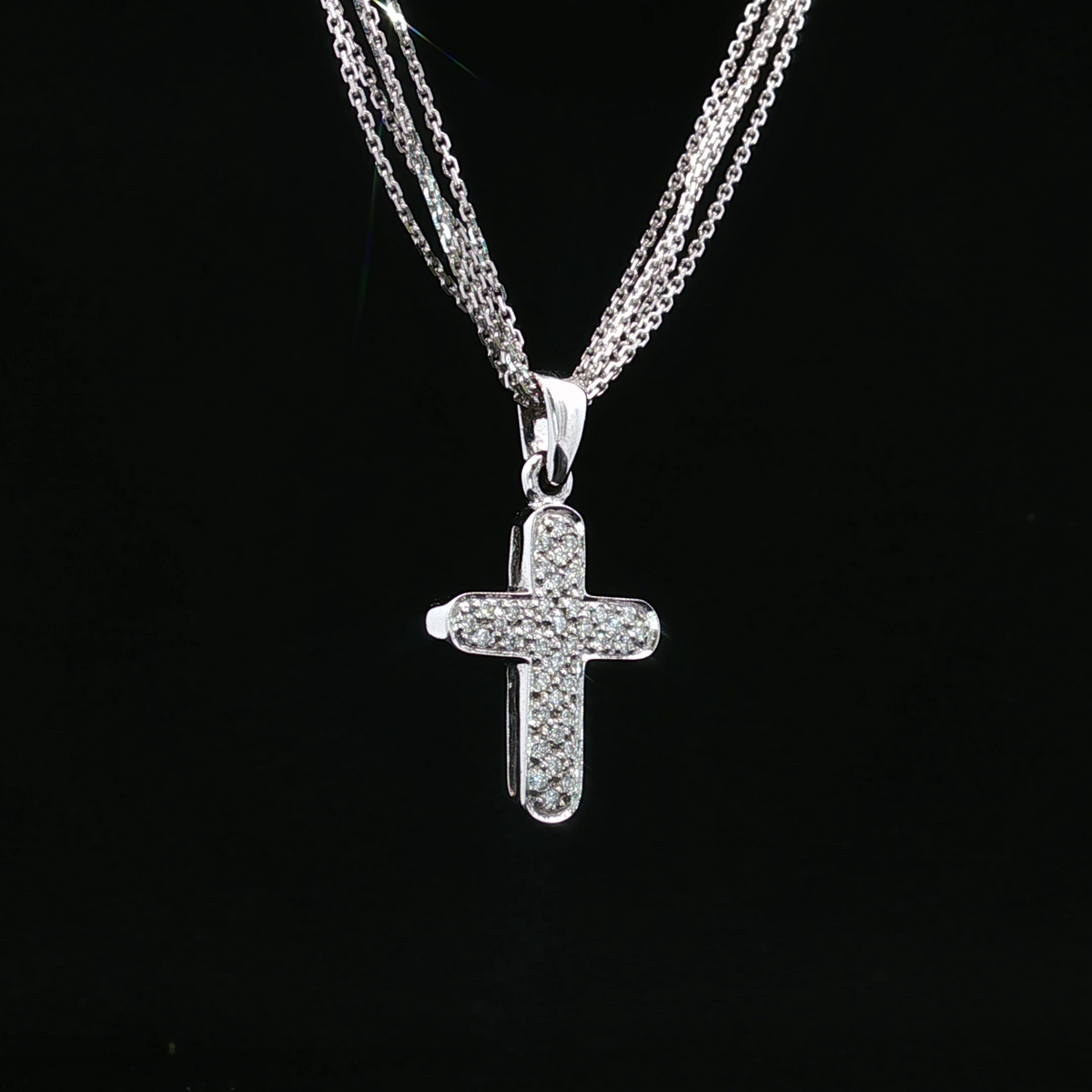 14K White Gold Triple Curb Chain Cross Necklace with Diamonds