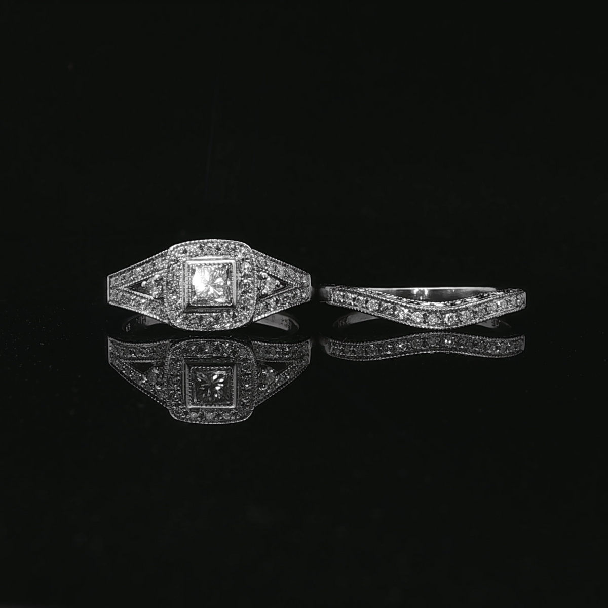 14K White Gold Halo Engagement Ring with Princess Diamond