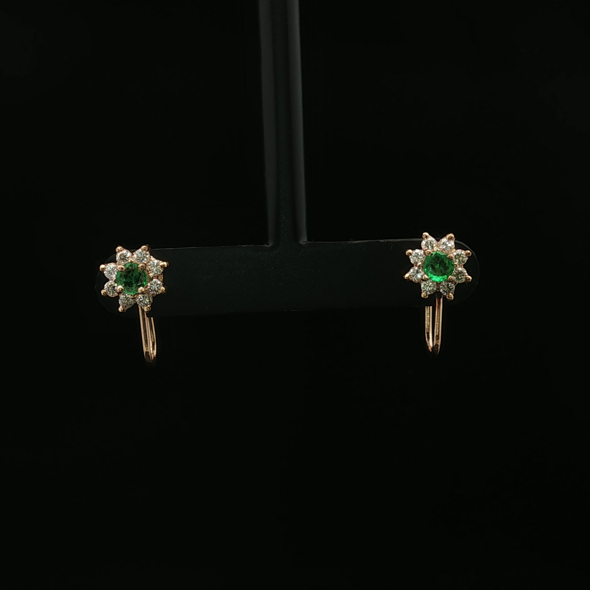 14KY Emerald & Diamond Screw Back Earrings For Non-Pierced Ears