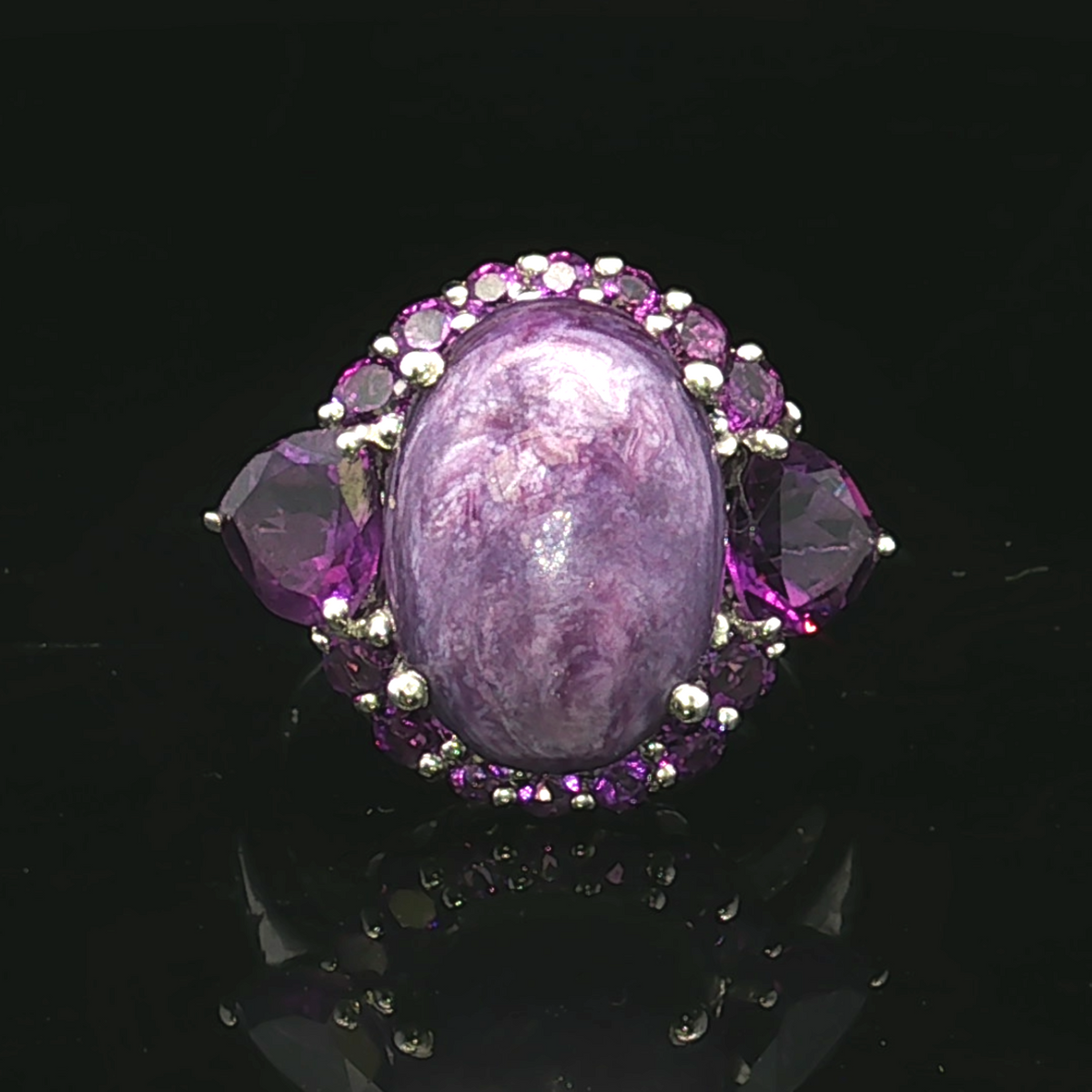 Annettee Charoite Amethyst Halo Silver Ring