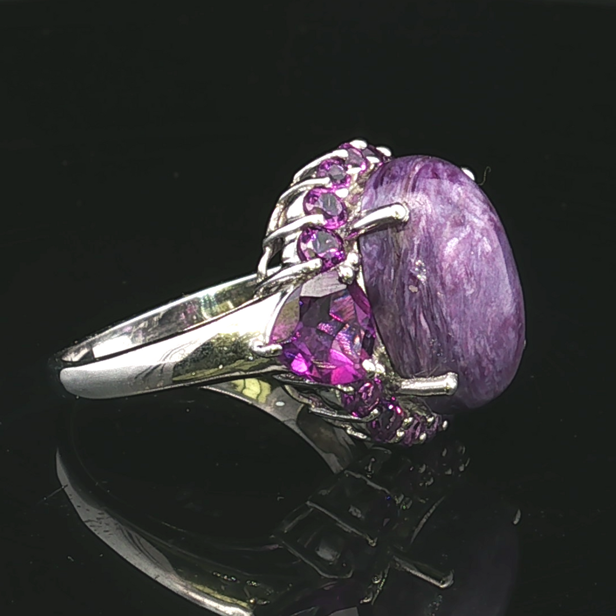 Annettee Charoite Amethyst Halo Silver Ring