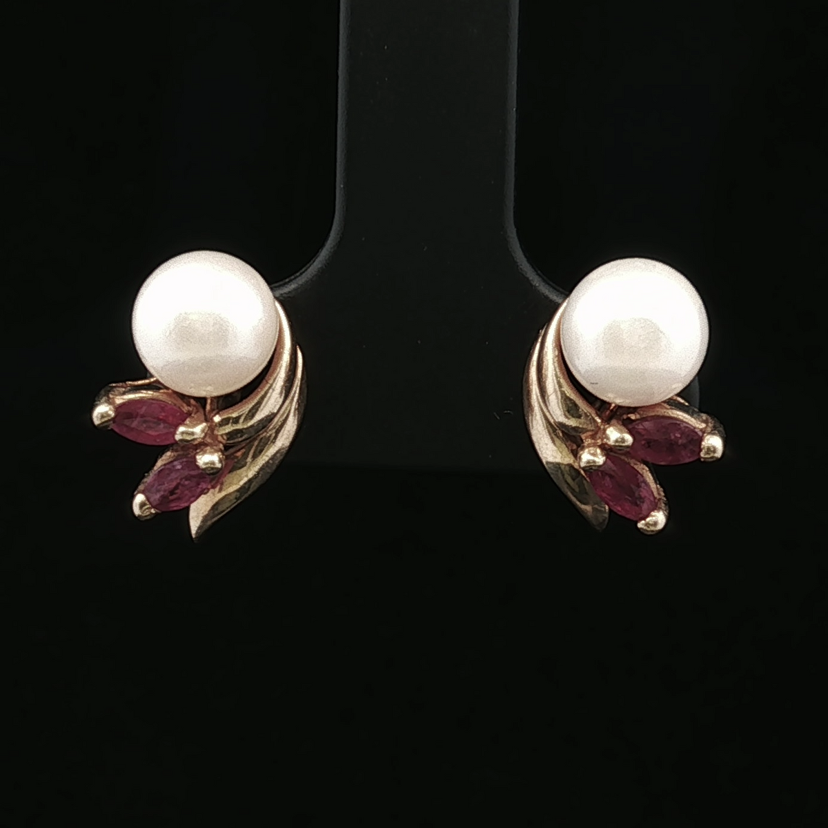 Mabele Pearl Stud Earrings with Ruby Accents in 14K Yellow Gold