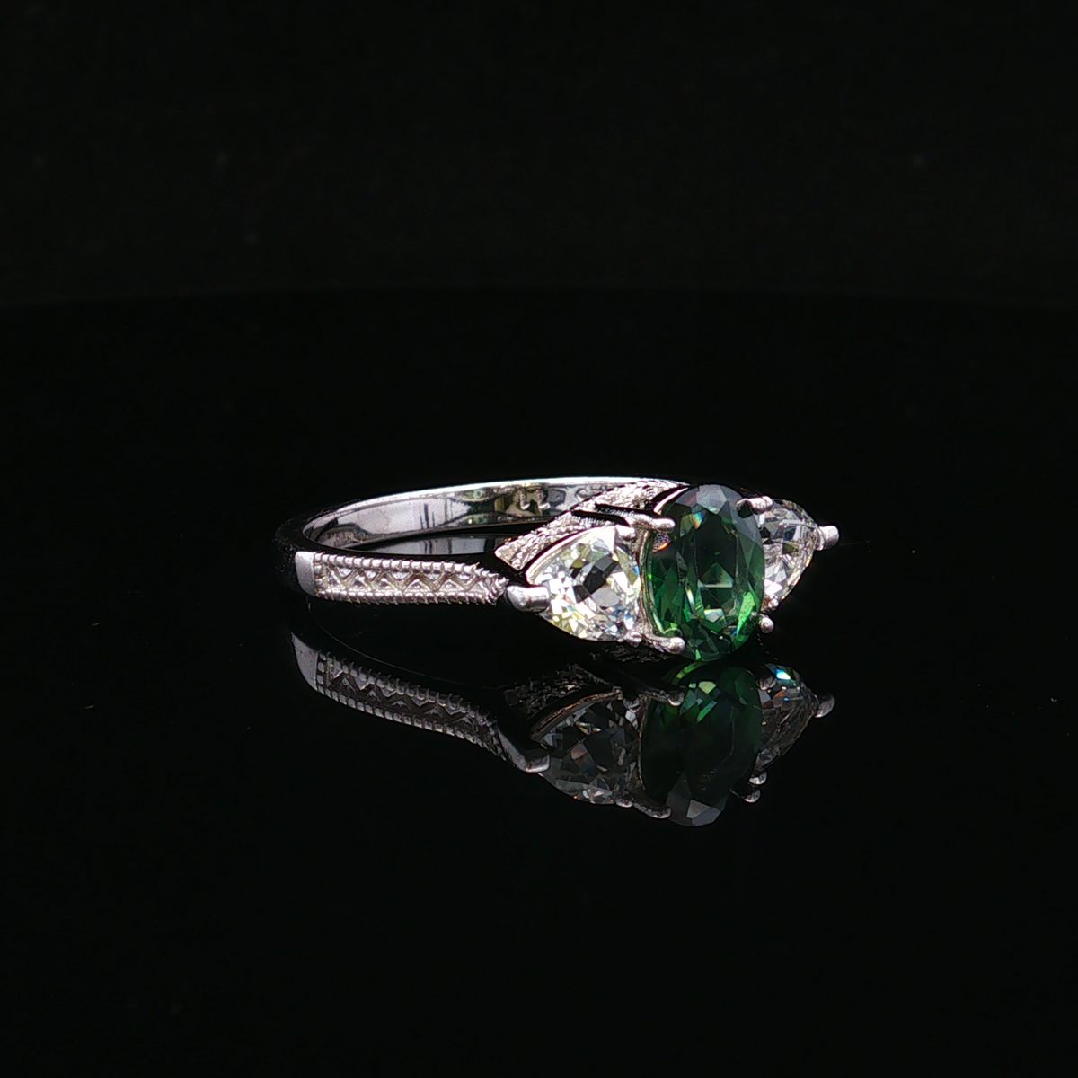 Hollisa Sterling Silver Three Stone Green & White Ring