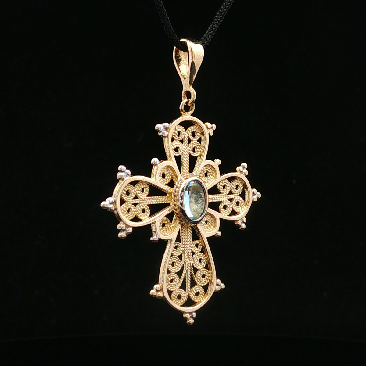 Indiraa 14K Two Tone Oval Cabochon Aquamarine Filigree Cross Pendant