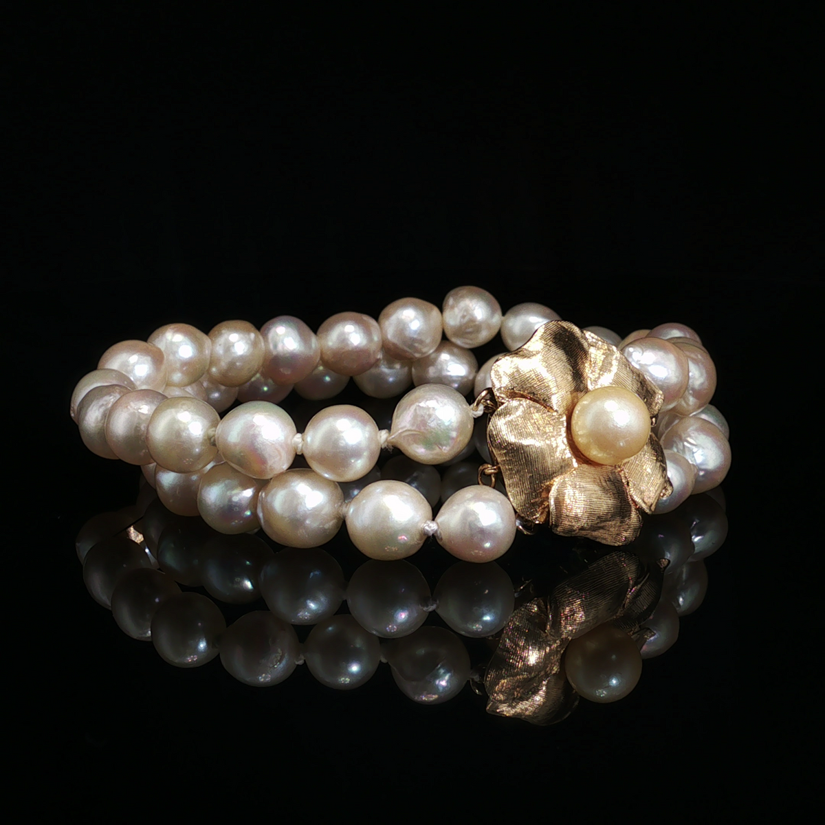 Cassia 14k Yellow Gold Double Strand Baroque Pearl Bracelet With Pearl Flower Clasp