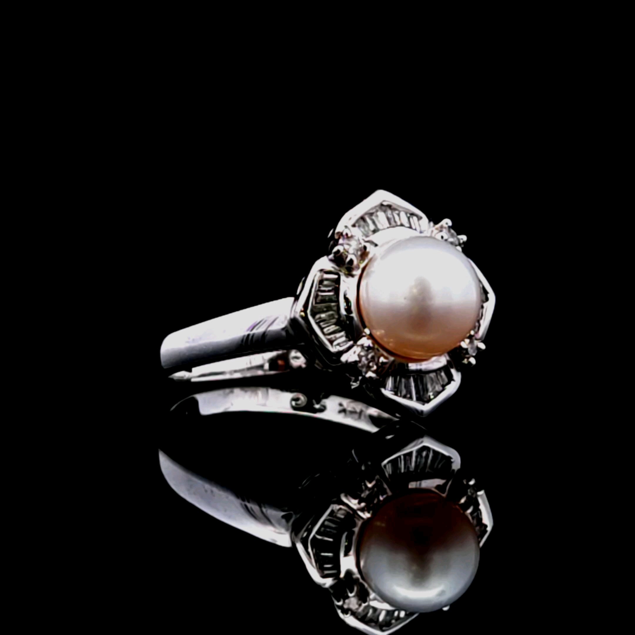 Susan – 14K White Gold Art Deco Ring with 7mm Cultured Pearl