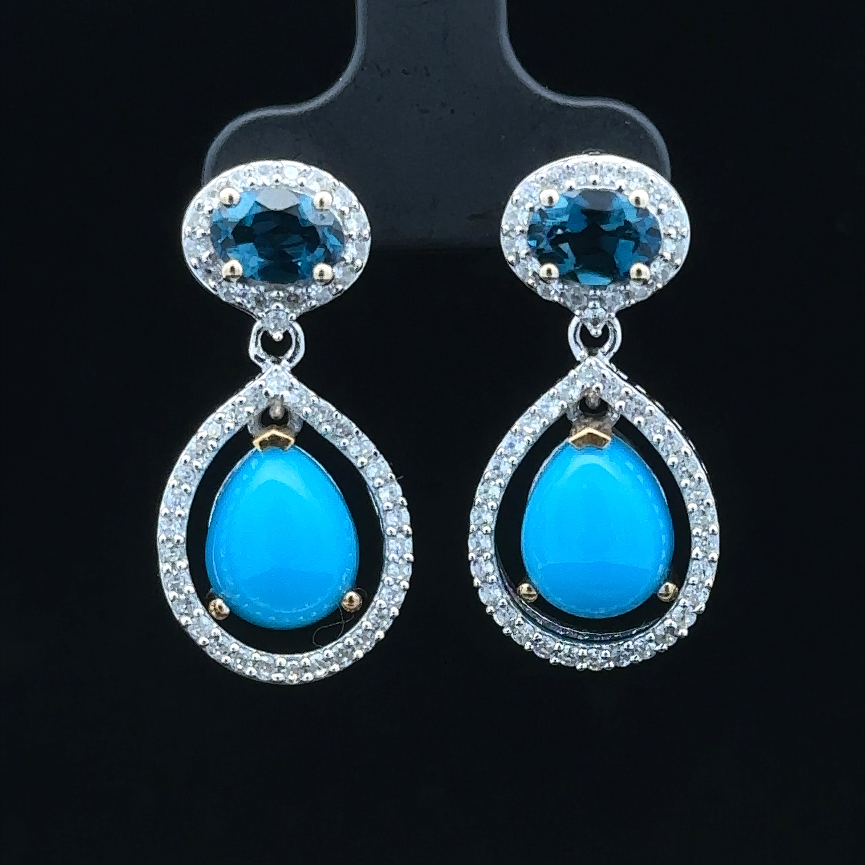 Two-tone dangle earrings with turquoise and blue topaz