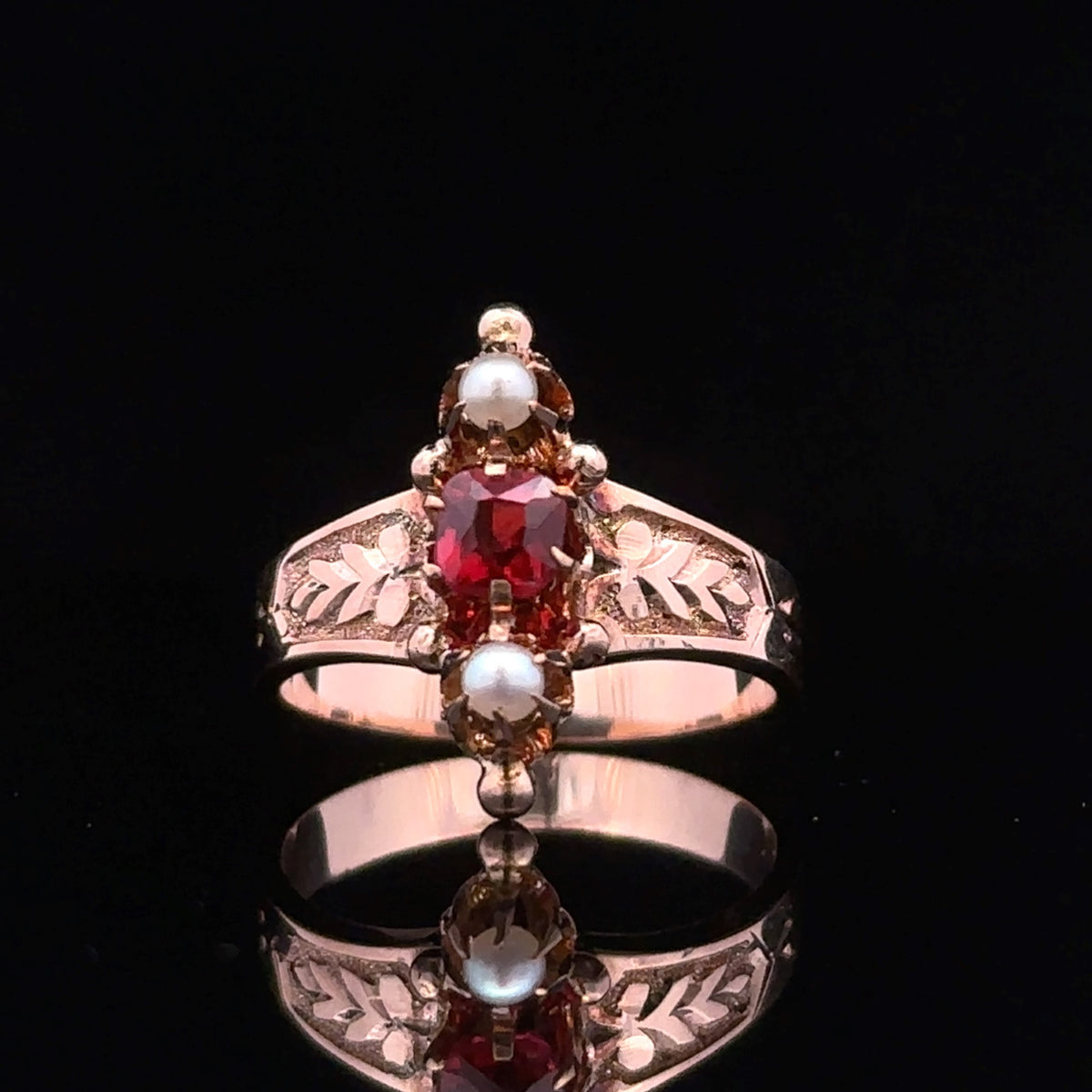 Jessie 10K Yellow Gold Synthetic Red Stone and Pearl Ring