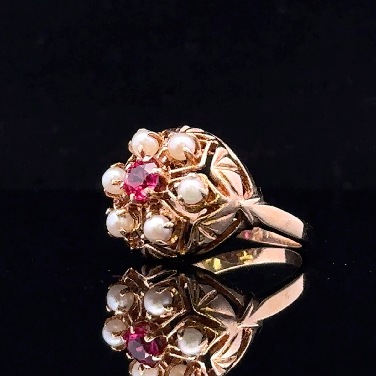Paula 14K Yellow Gold Pearl Halo and Lab Ruby Stone Ring