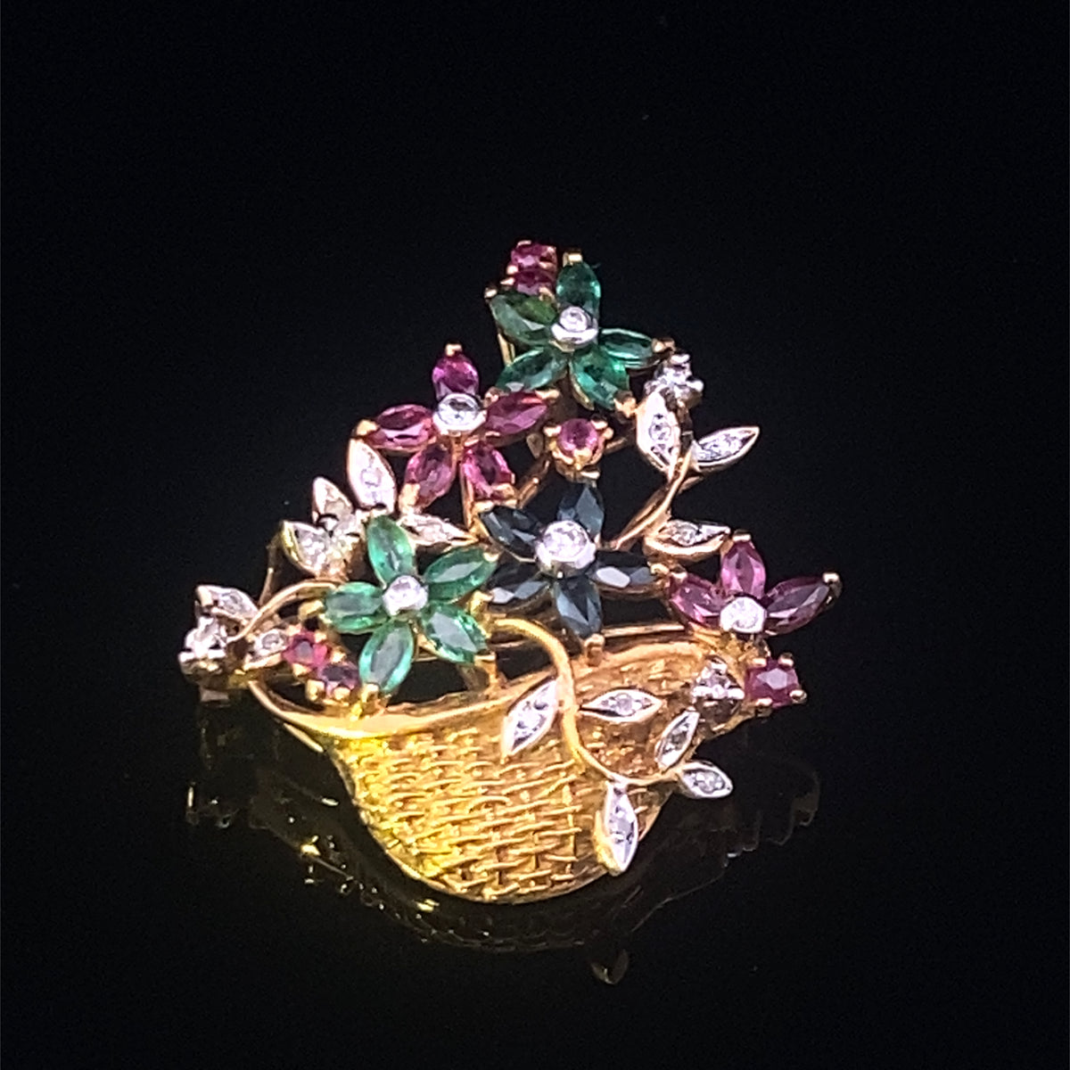 Kendra 14K Yellow Gold Gemstone & Diamond Flower Basket Pin – Ruby, Sapphire, Emerald