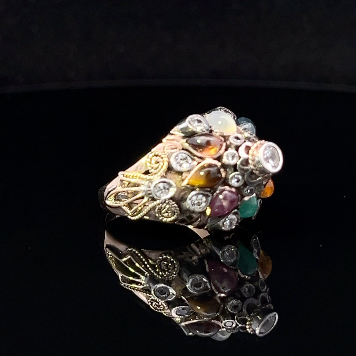 Annabella 14K Yellow Gold Pear-Shape Cabochon & Round Clear Stone Ring