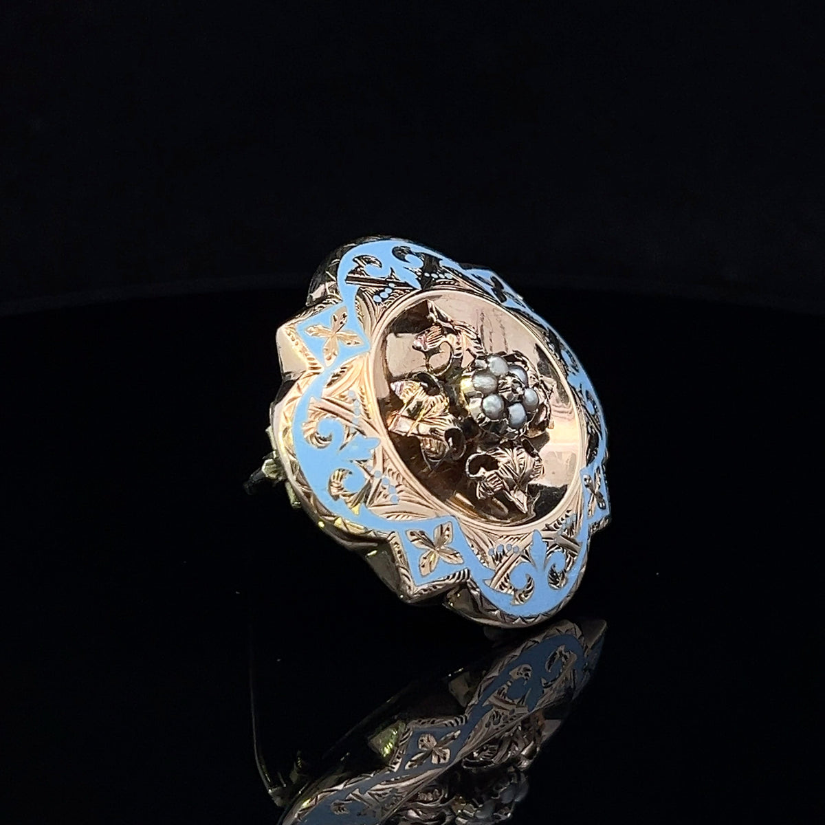 Bethany 10K Yellow Gold Victorian Mourning Pin with Blue Enamel, Seed Pearls & Diamond
