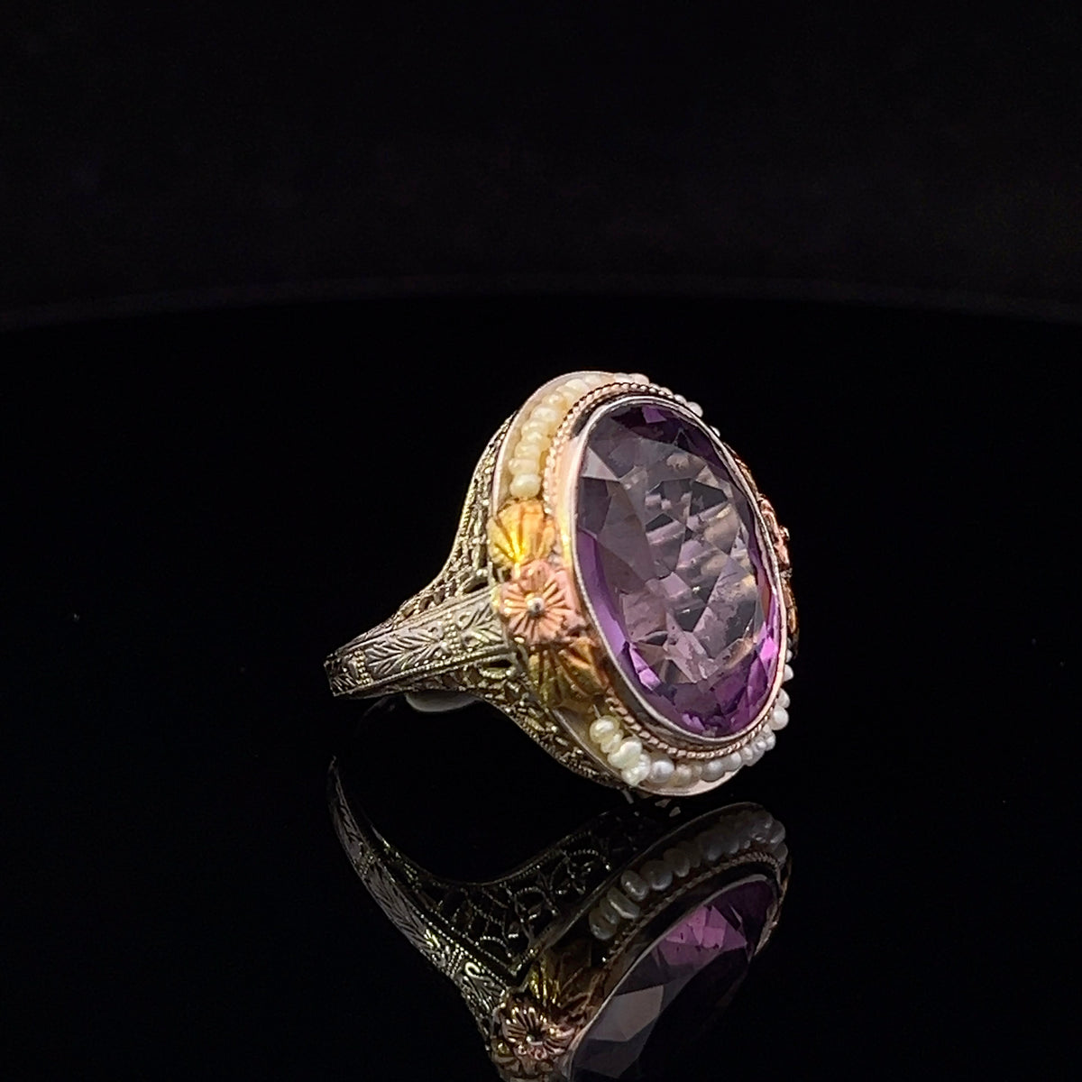 Ainhoa 1950 Vintage 11.30CT Amethyst & Pearl Floral Ring