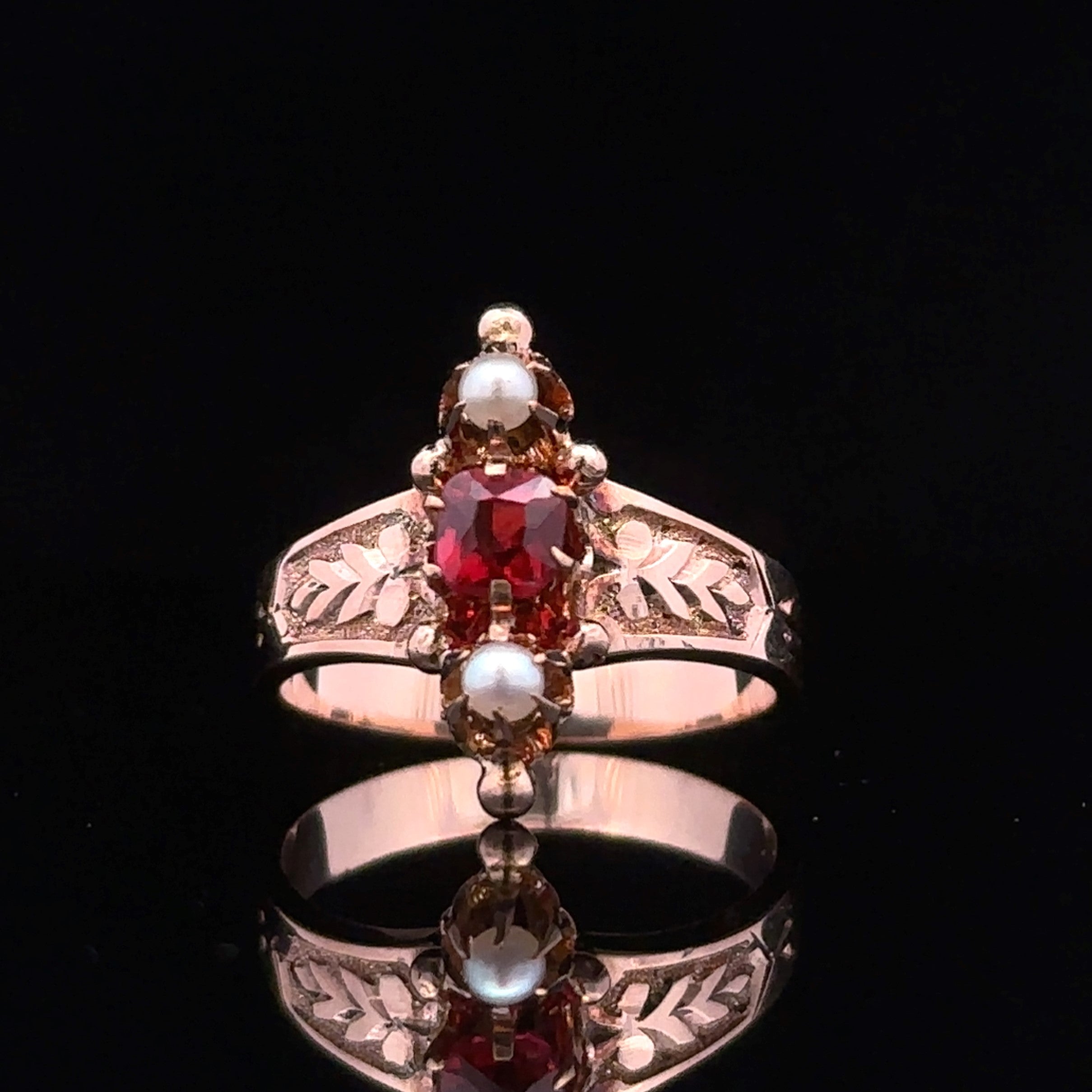 Jessie 10K Yellow Gold Synthetic Red Stone and Pearl Ring