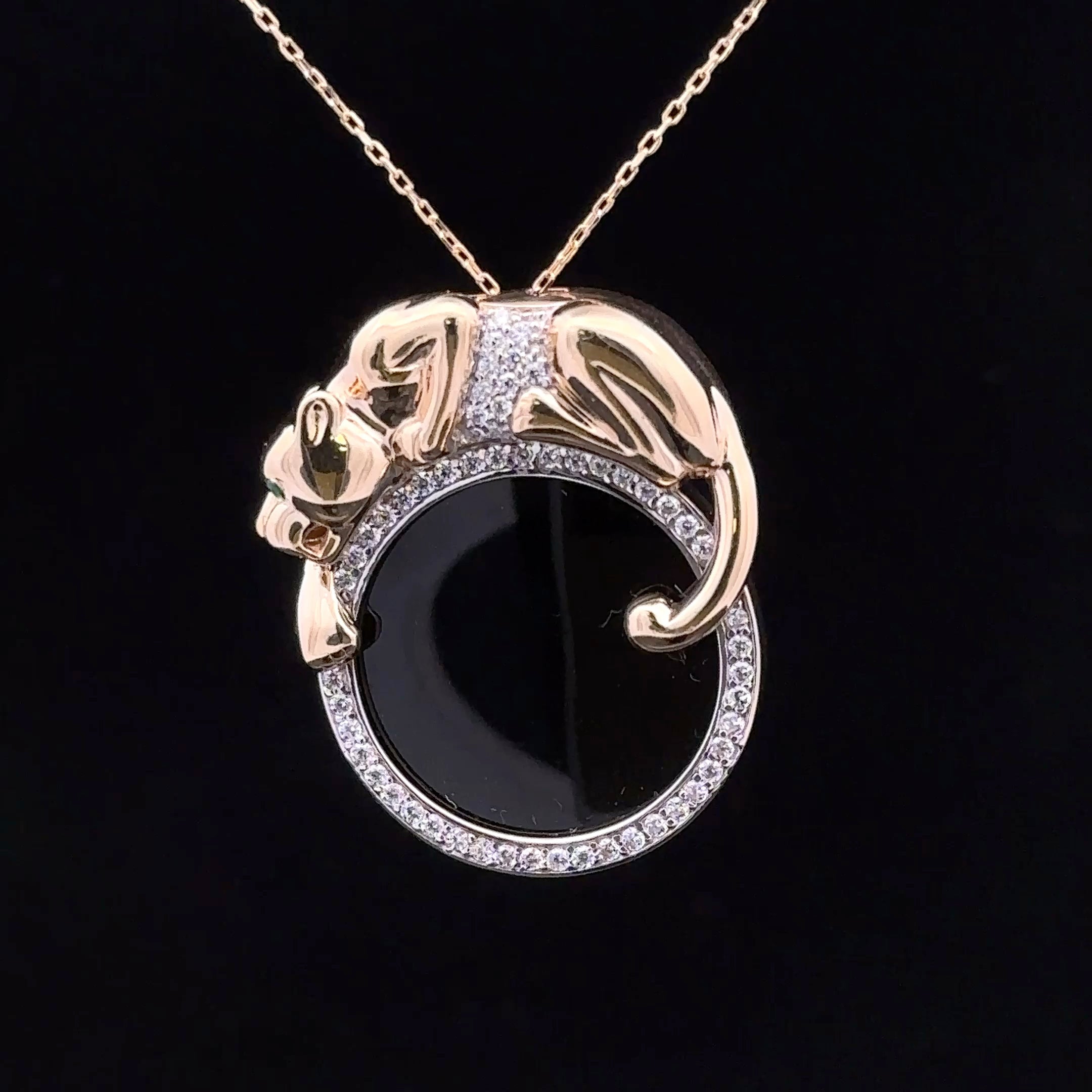 14K Yellow Gold Jaguar Necklace with Onyx & Diamonds