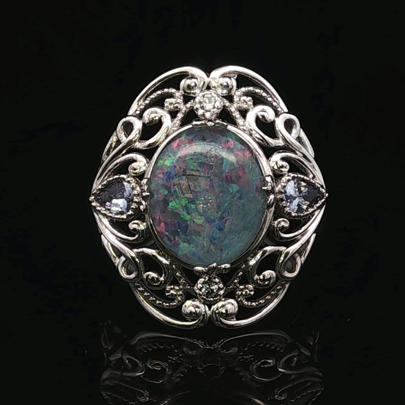 Irenea Opal Triplet Tanzanite Cluster Silver Ring