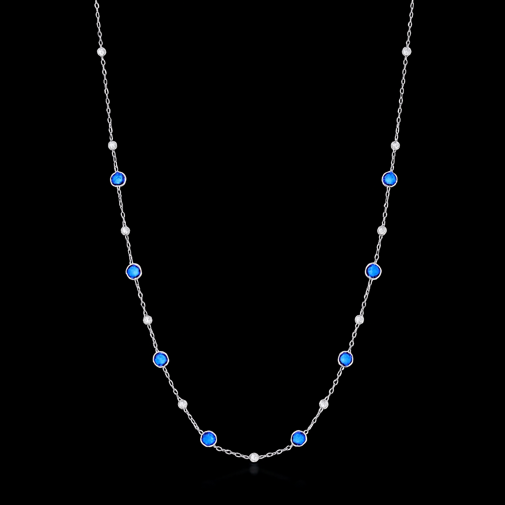 Sterling Silver Bezel Set Blue CZ Station Necklace