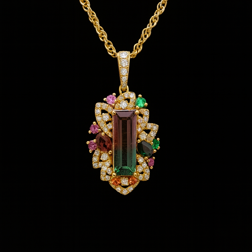 14K Watermelon Tourmaline and Diamond Pendant