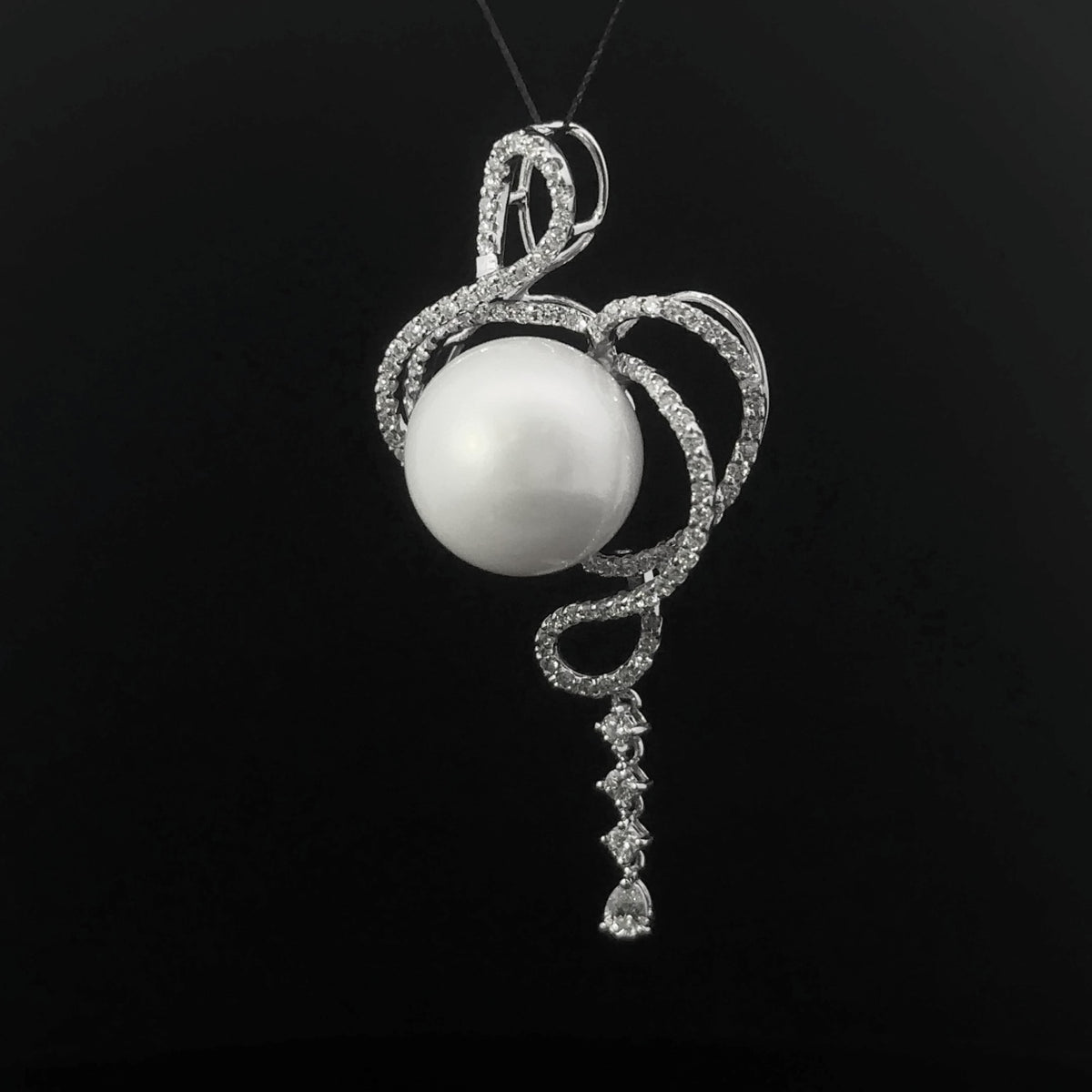18K White Gold Free Form Pendant with South Sea Pearl & Diamonds
