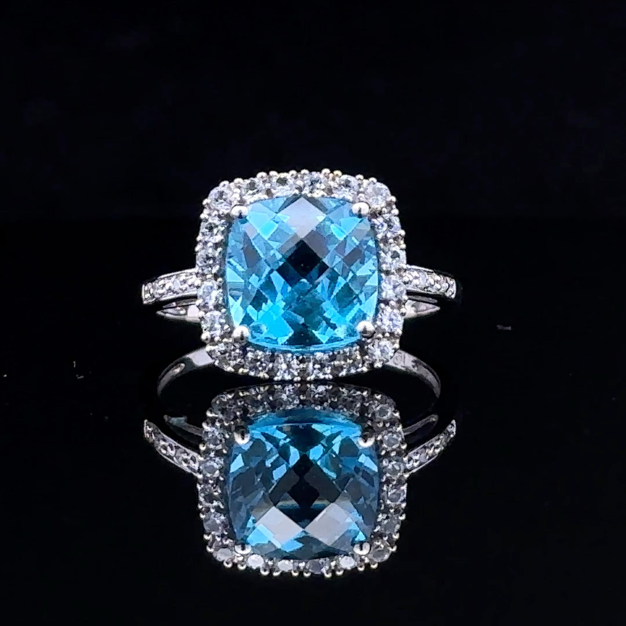 Tori 10K White Gold Halo Ring with Blue Topaz and CZ Accents