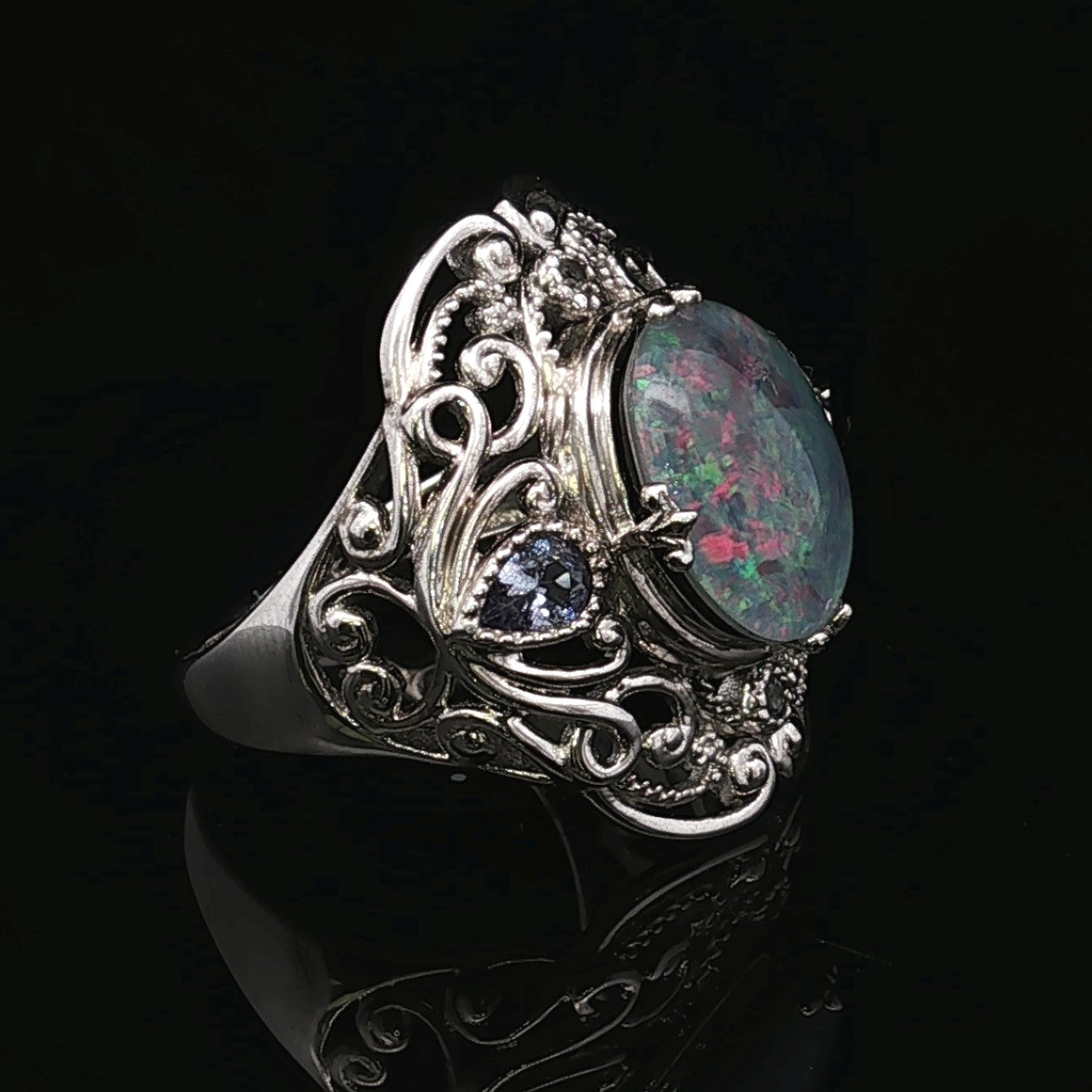 Irenea Opal Triplet Tanzanite Cluster Silver Ring