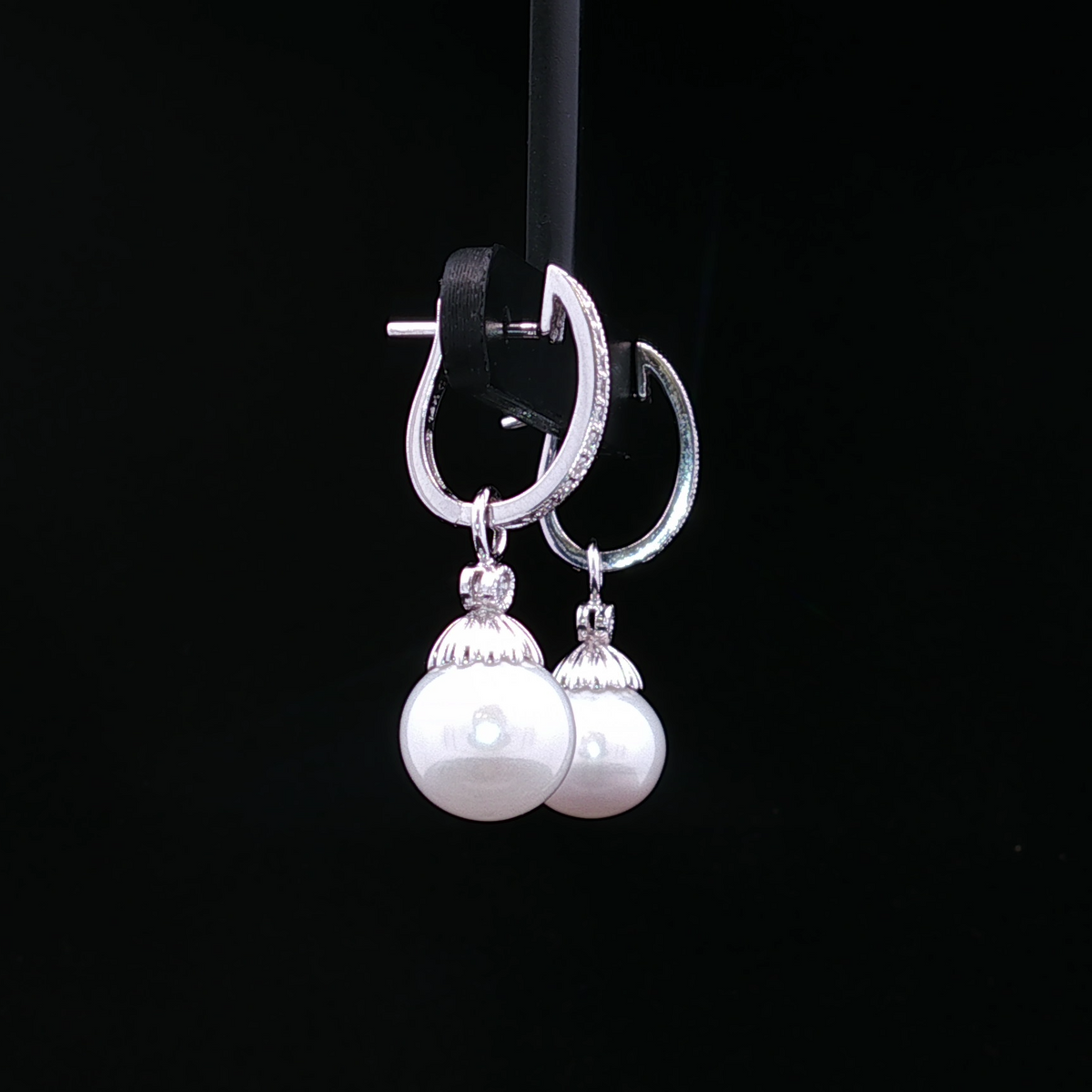 14K White Gold Dangle Earrings with 9mm Pearls and Diamonds