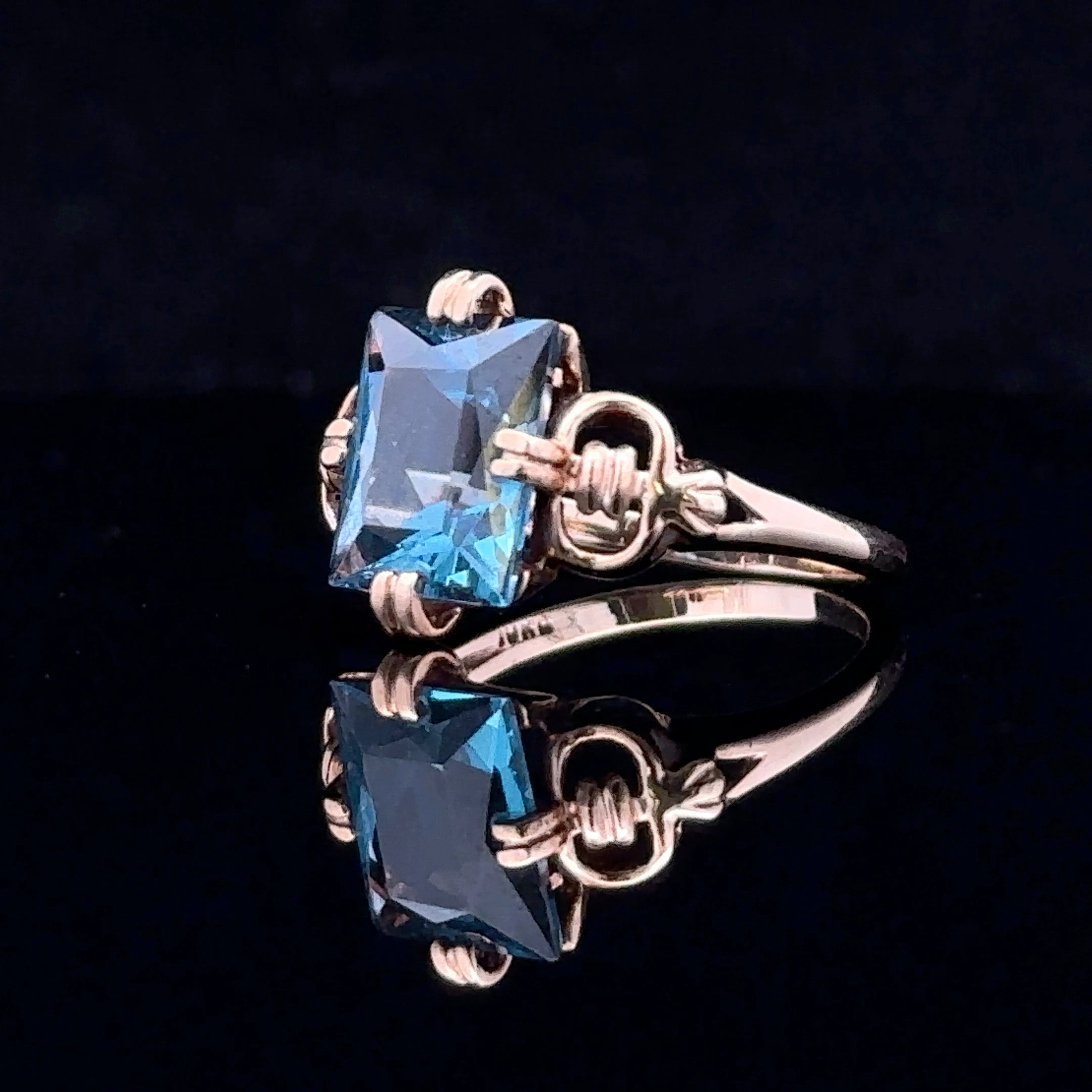 Rosie 10K White Gold Antique-Style Ring with Emerald-Cut Blue Synthetic Stone