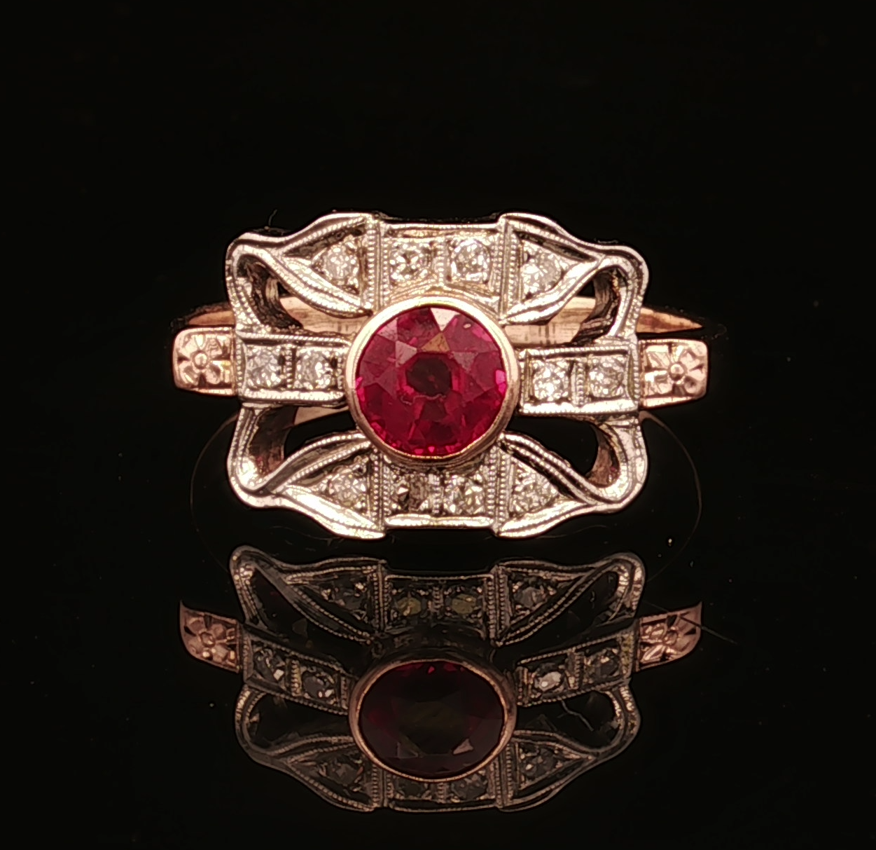 Celine 10K Two Tone Synthetic Ruby & .18CTW Diamond Estate Ring