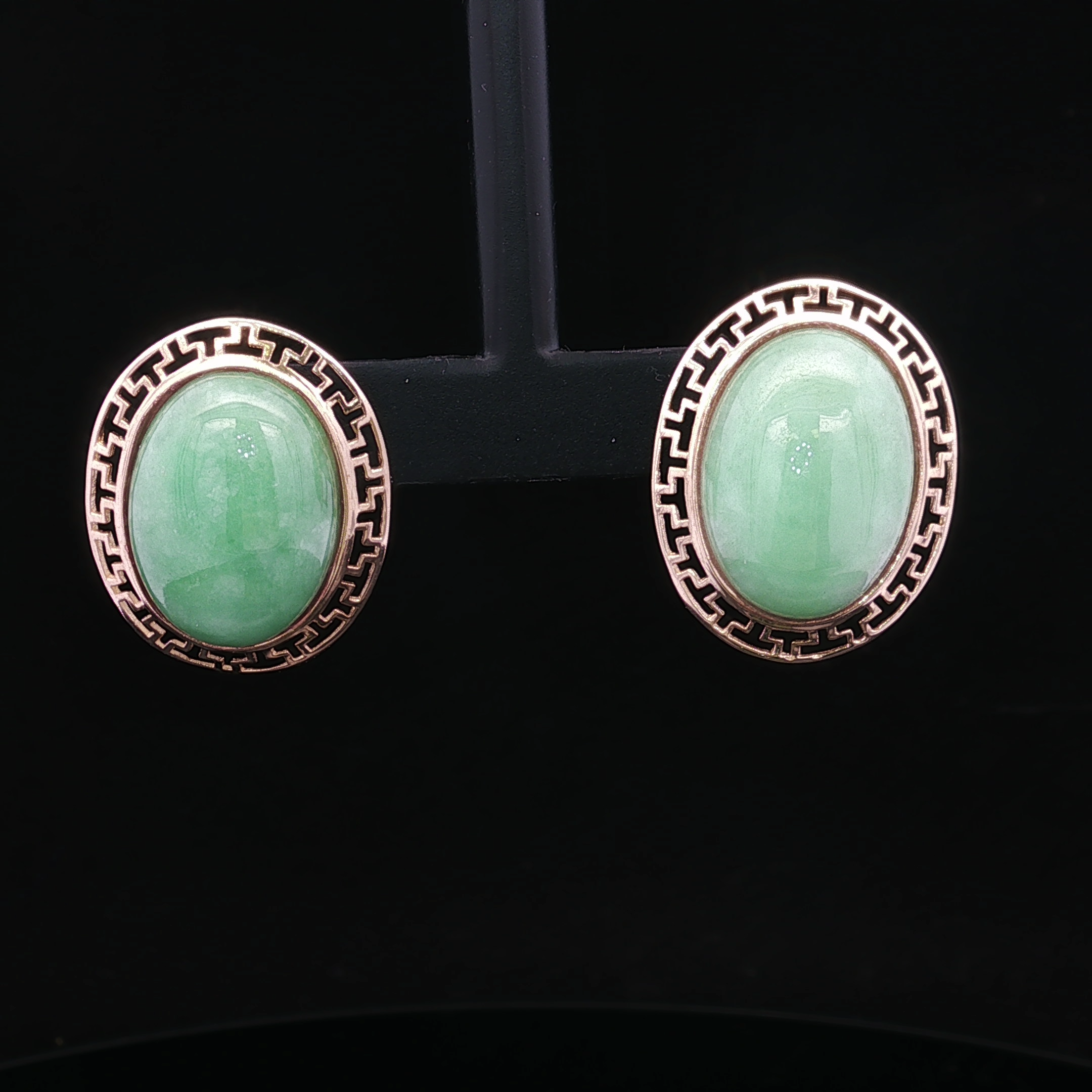 Romilda 14K Yellow Gold Oval Jade Earrings with Greek Key Edge