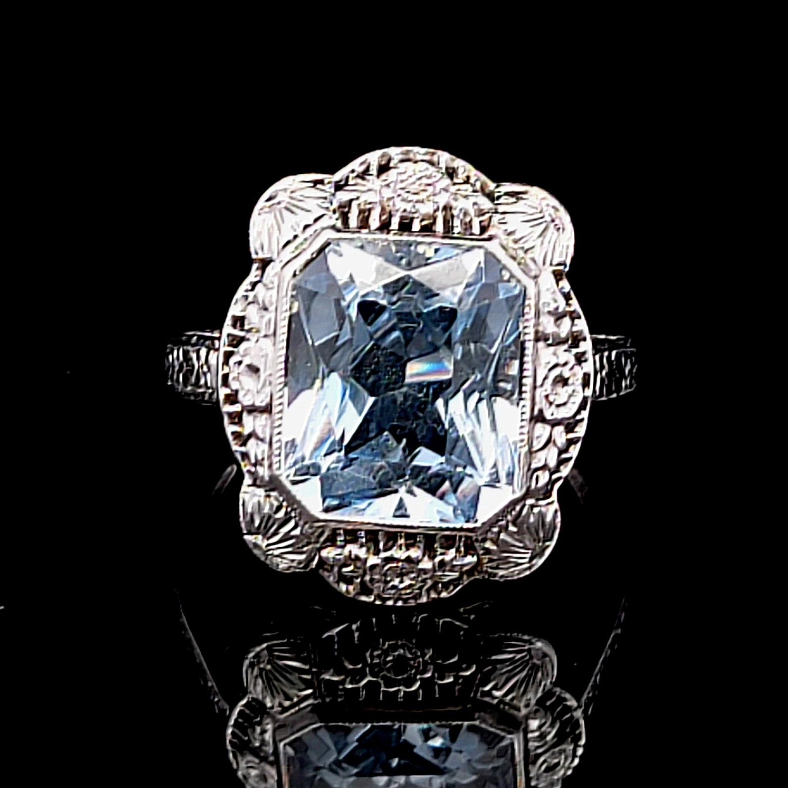 Gwene Emerald Cut Blue Spinel Filigree Ring