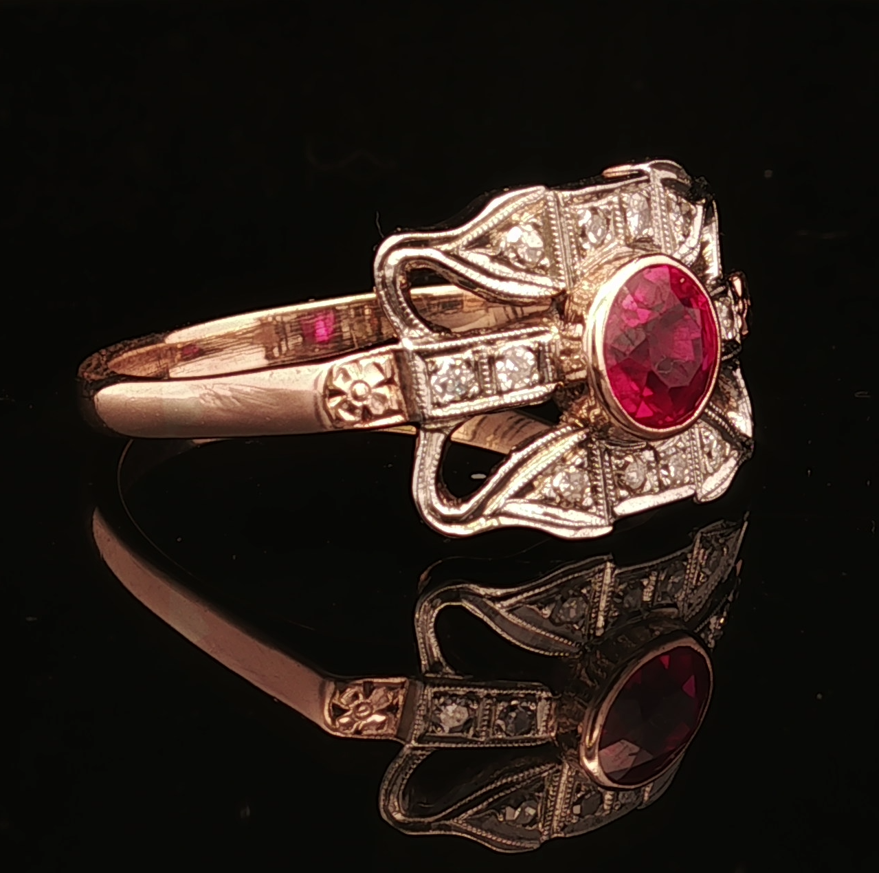 Celine 10K Two Tone Synthetic Ruby & .18CTW Diamond Estate Ring