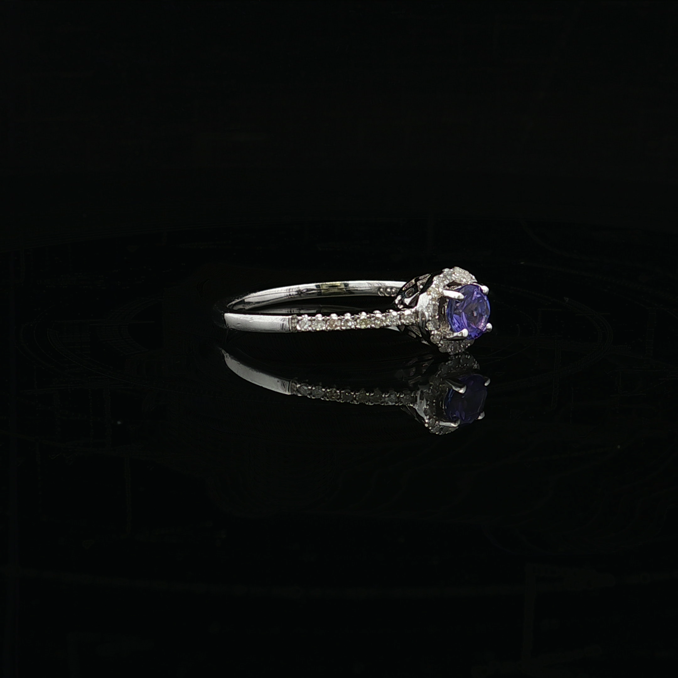 Priscilla 14K White Gold Tanzanite Ring with Halo and Side Diamonds