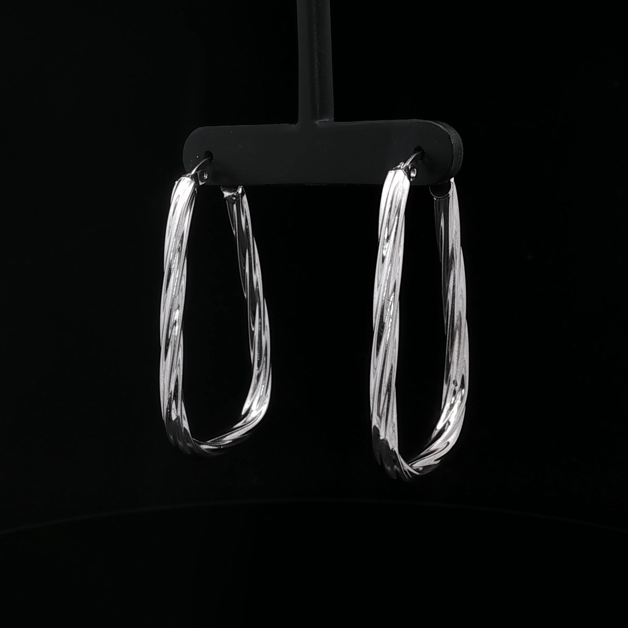 14K White Gold Oblong Twisted Hoop Earrings