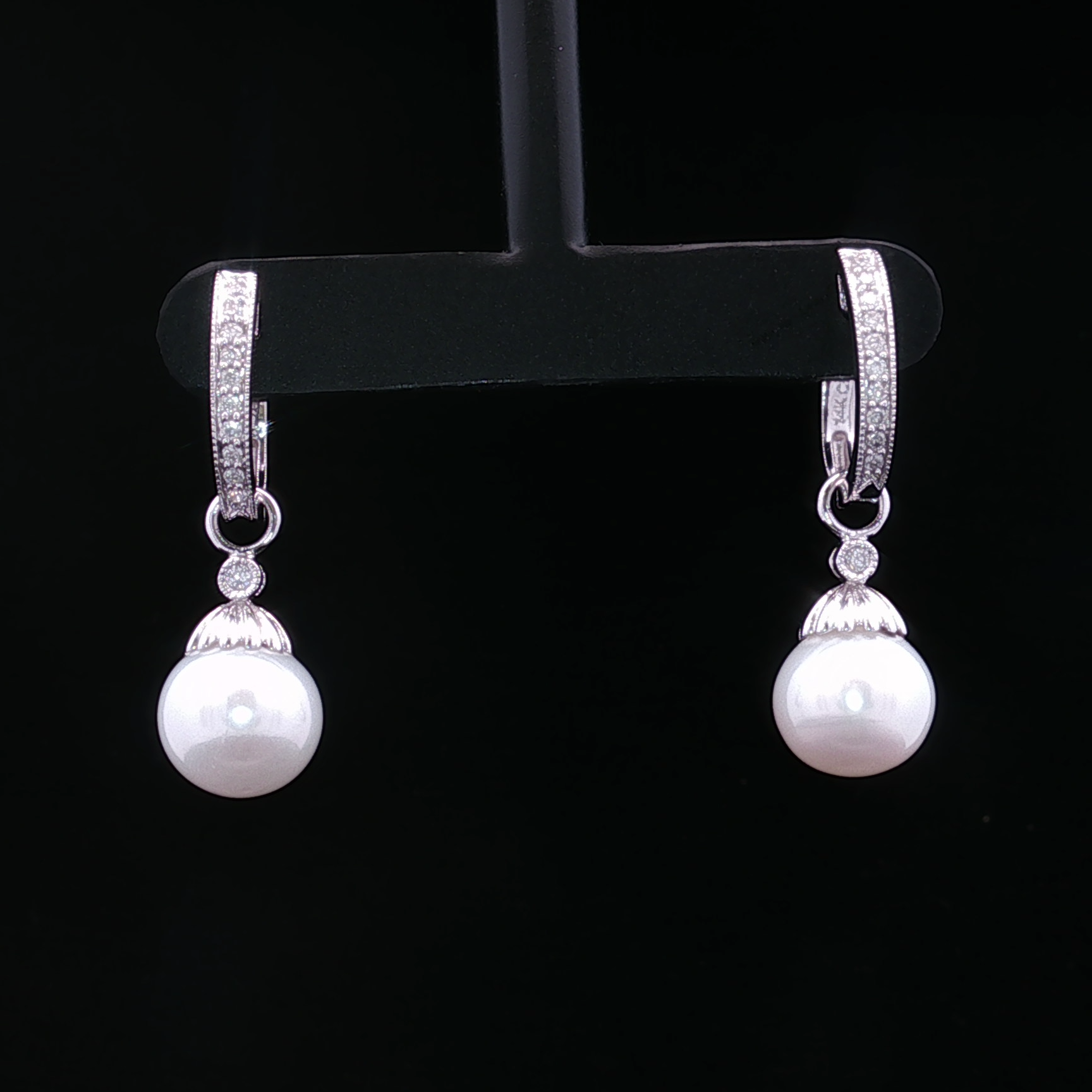 14K White Gold Dangle Earrings with 9mm Pearls and Diamonds