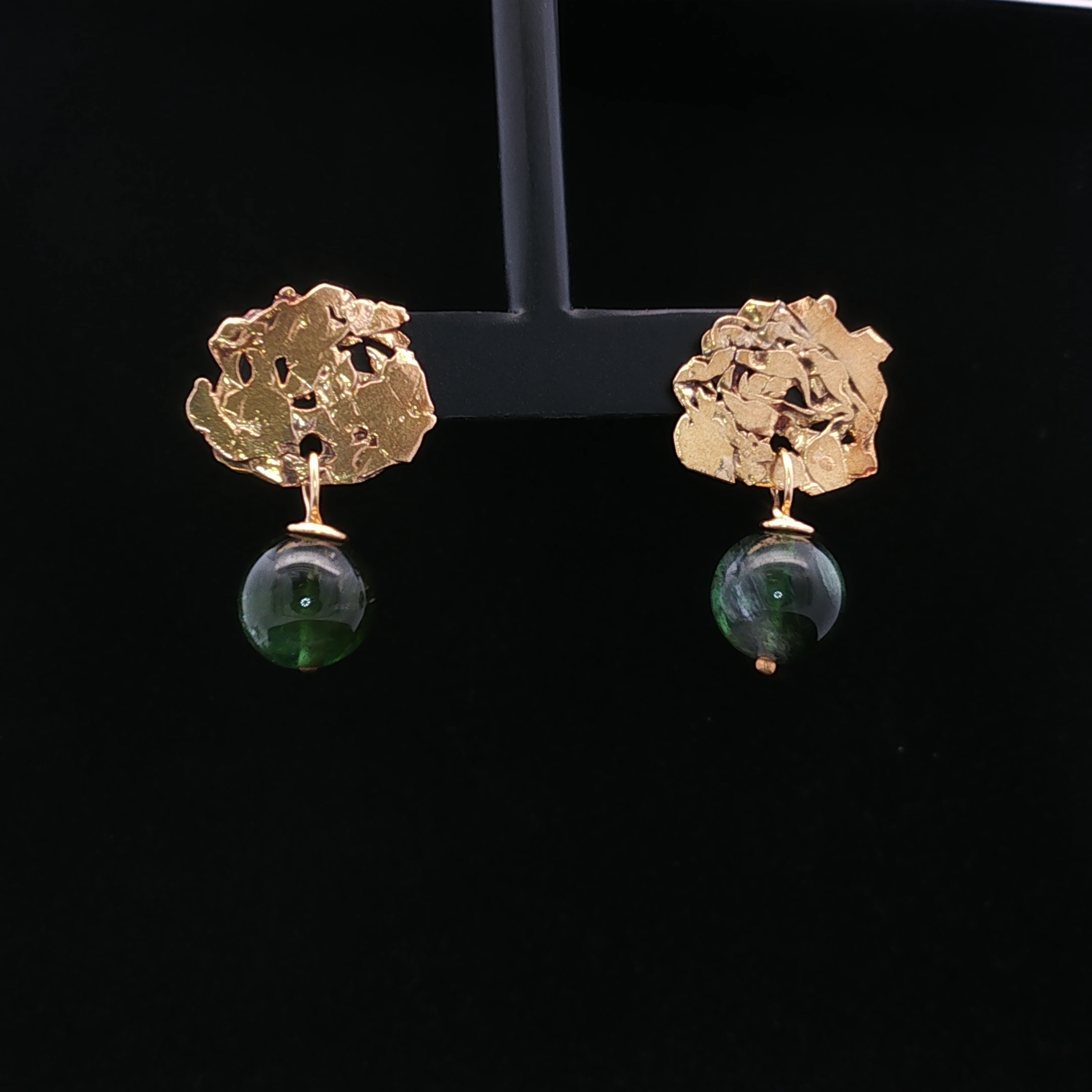 22K Yellow Gold Drop Earrings with Green Tourmaline Beads