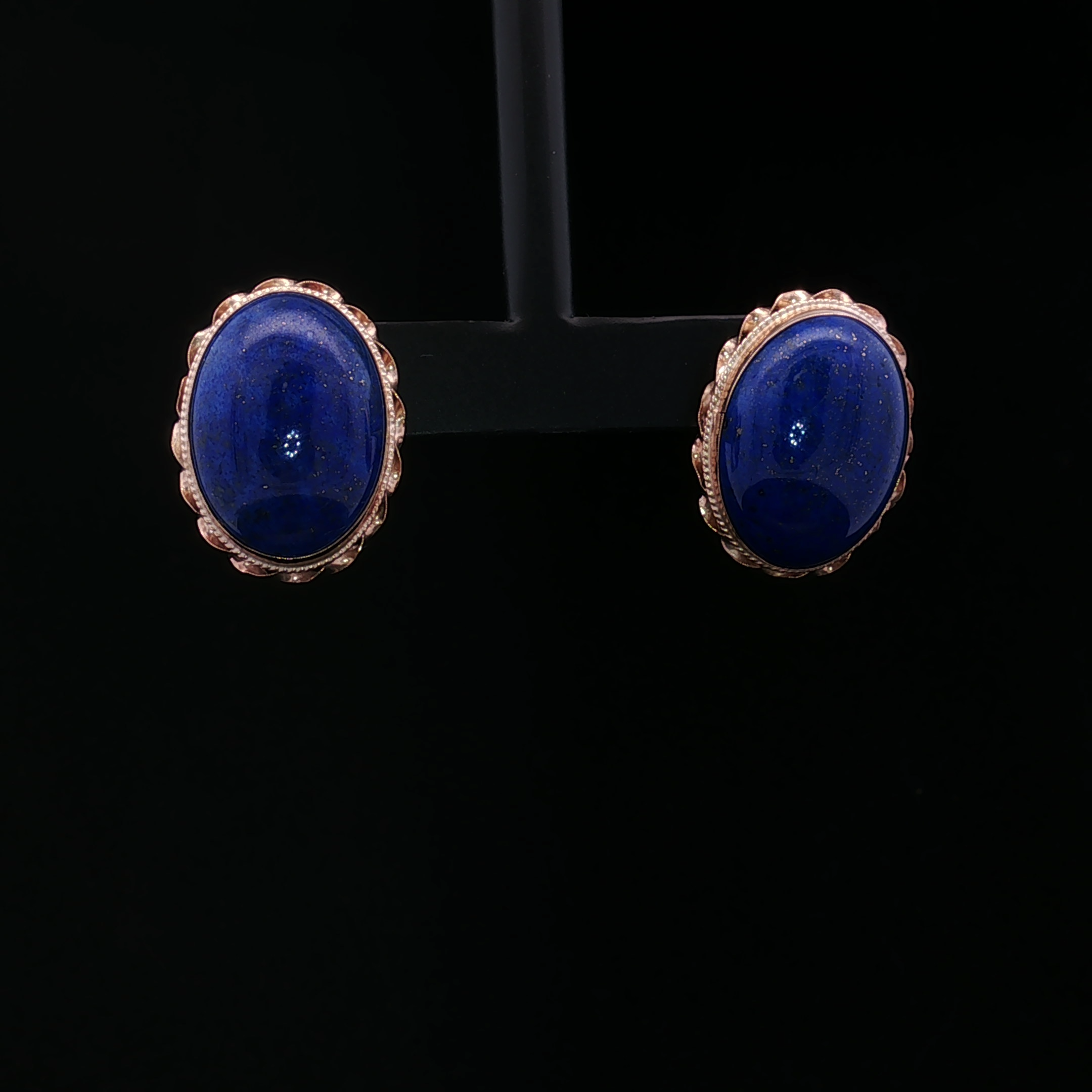 14K Yellow Gold Bezel Set Oval Lapis Earrings